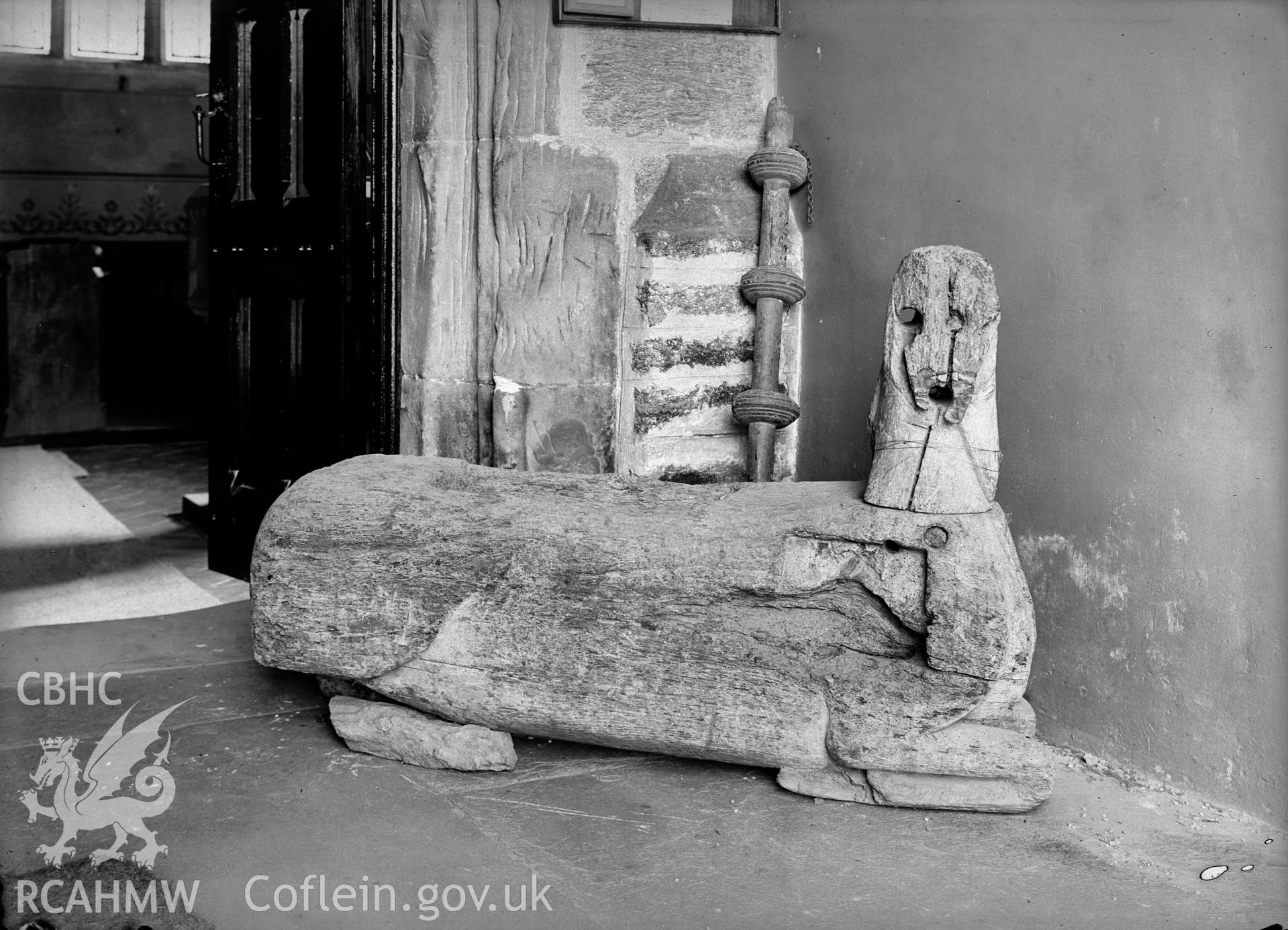 Photograph showing stag or horse figure at St Derfel's church, undated.