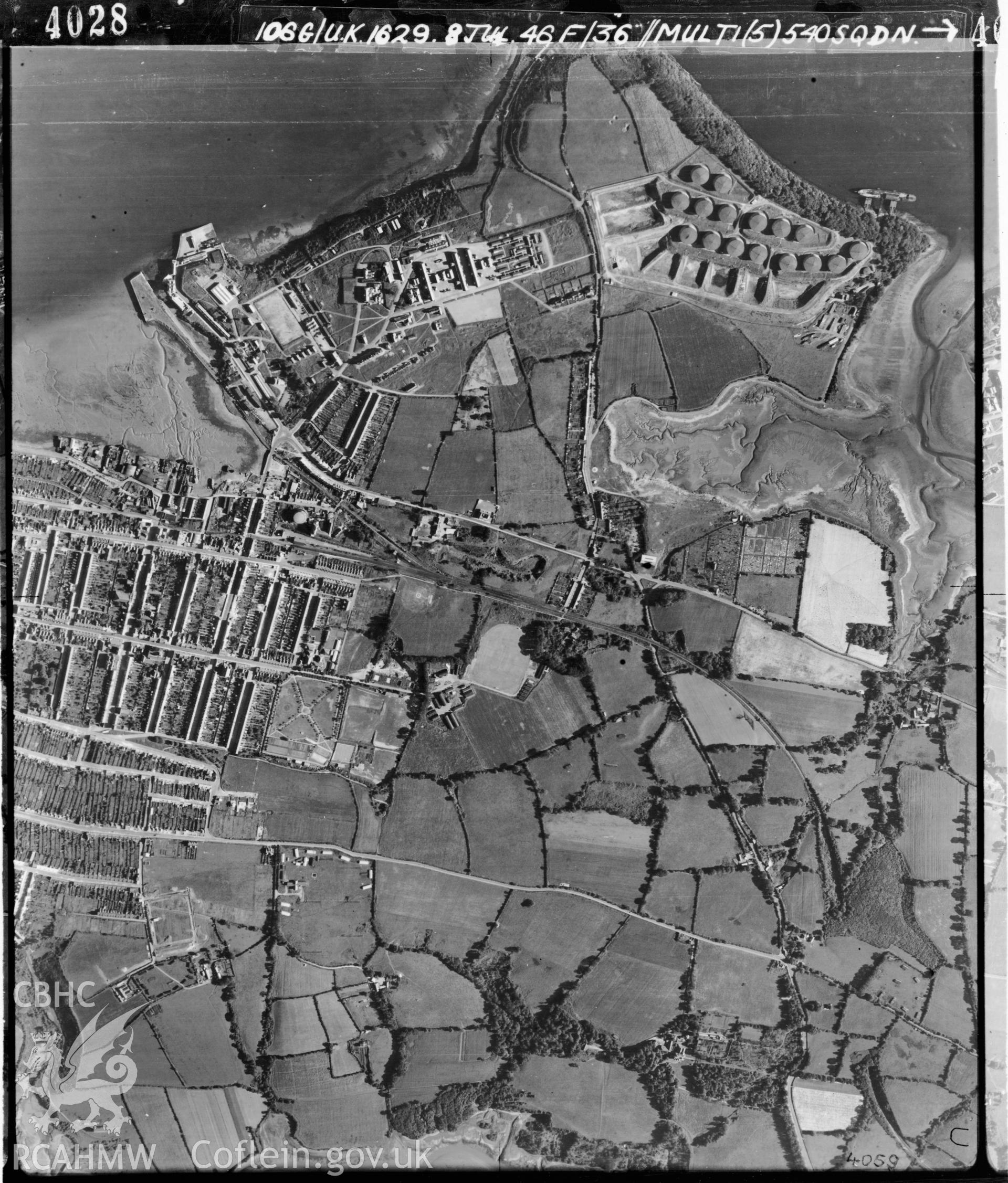 Black and white vertical aerial photograph taken by the RAF on 08/07/1946 centred on SM97440348 at a scale of 1:10000. The photograph includes part of Pembroke Dock community in Pembrokeshire.