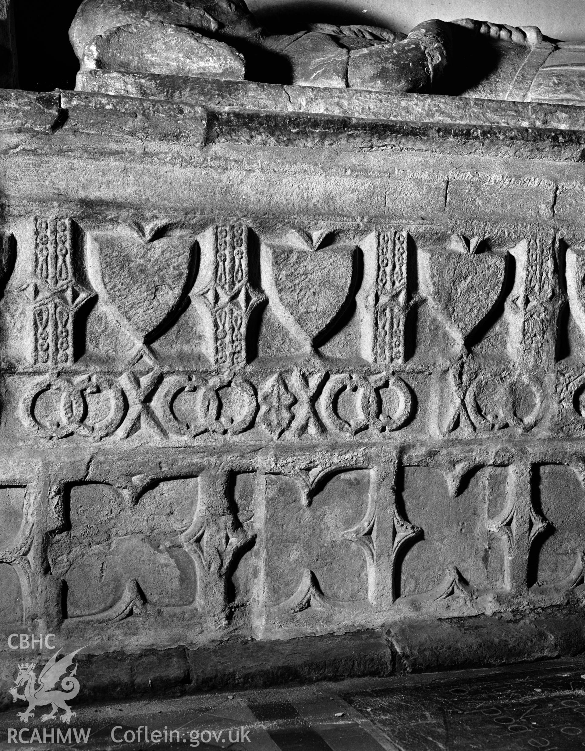 Detail of recess decoration on the north wall of Roche Chapel at Llangwm Church  taken in 31.07.1941.