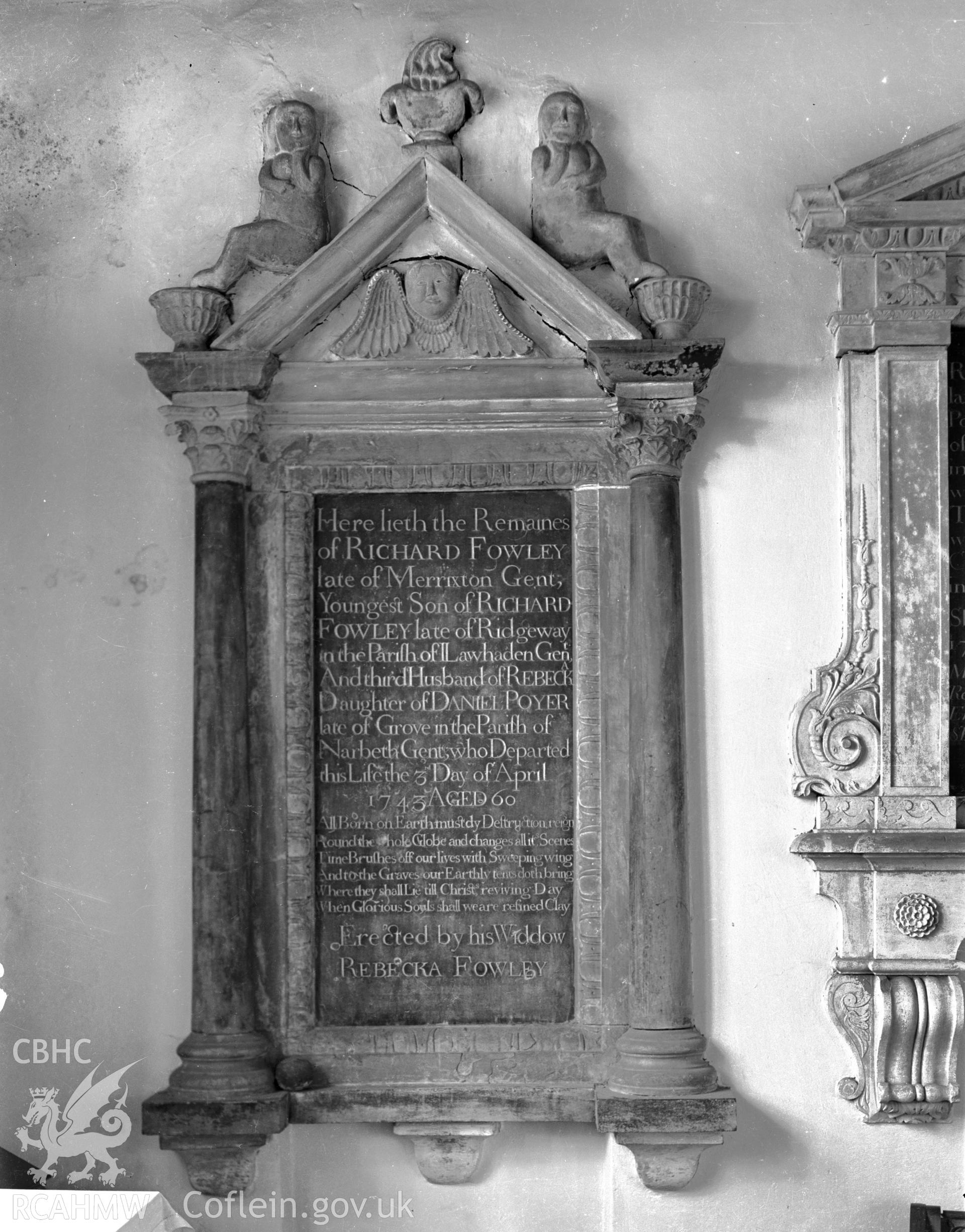 View of the memorial to Richard Fowley in Amroth Church taken in 11.09.1941.