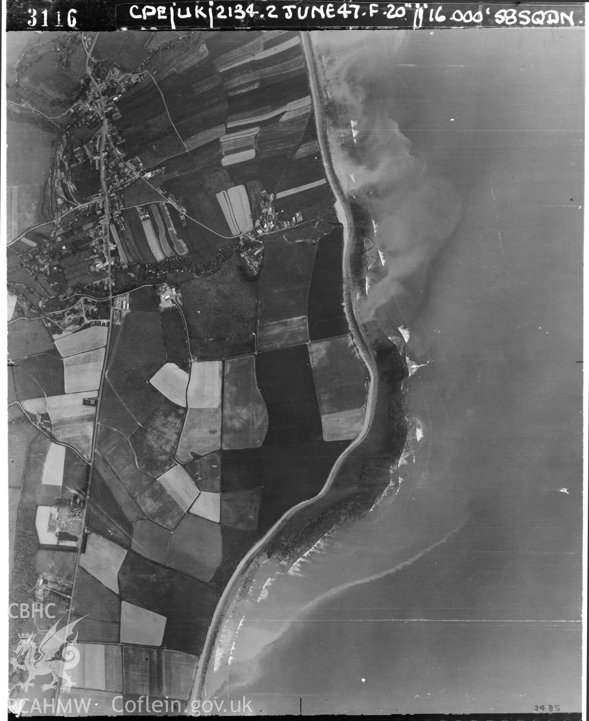 Black and white vertical aerial photograph taken by the RAF on 02/06/1947 centred on SN51316797 at a scale of 1:10000. The photograph includes part of Llansantffraed community in Ceredigion.