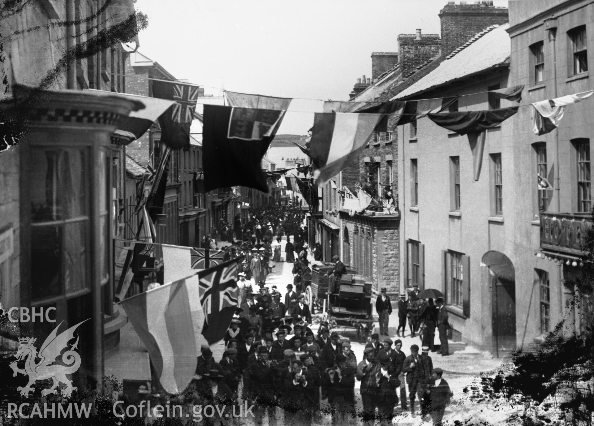 Black and white print of Queen Victorias Diamond Jubilee celebrations at Cardigan High Street.