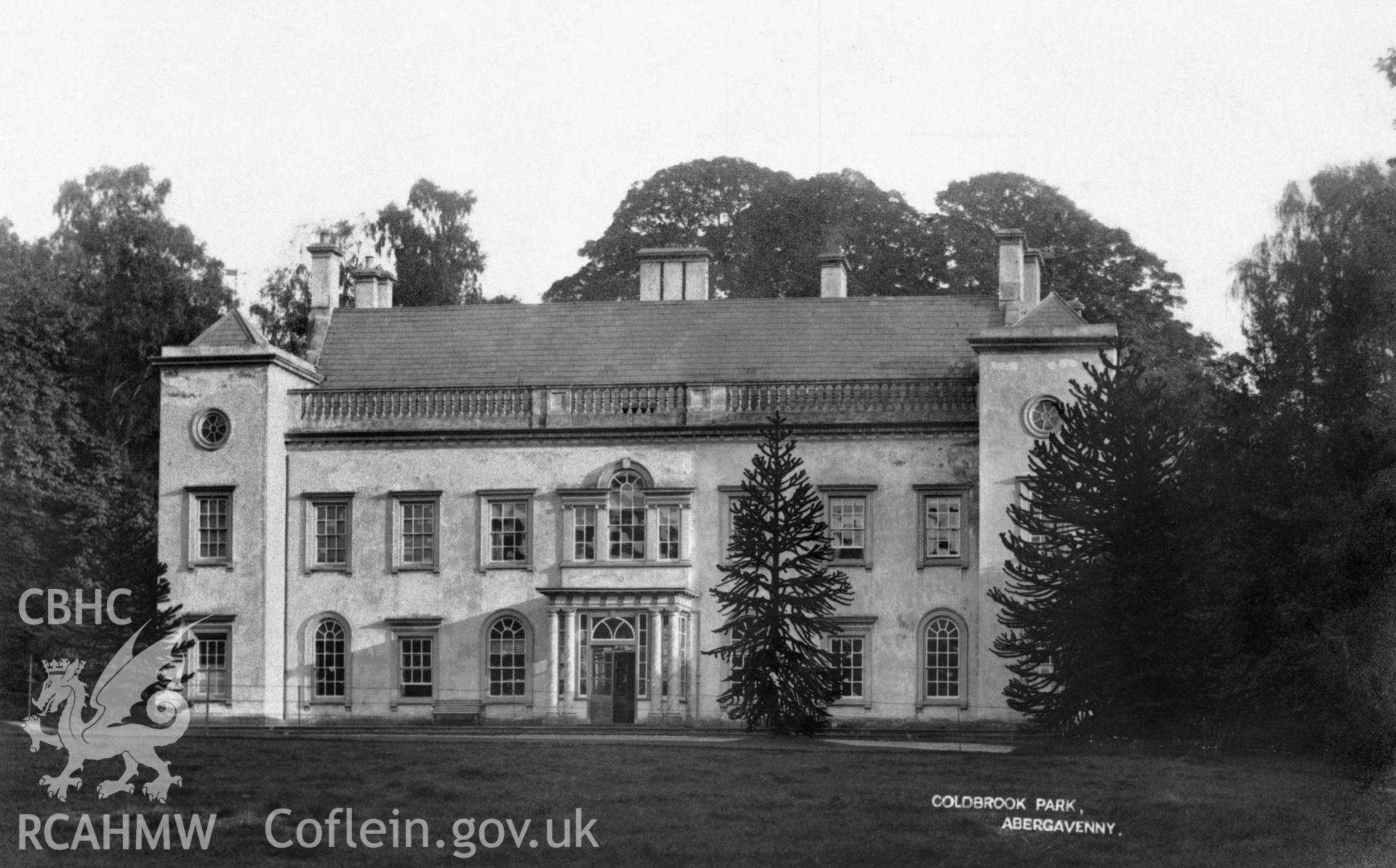 Black and white print of Coldbrook House, Abergavenny, copied from an original postcard in the possession of Thomas Lloyd.