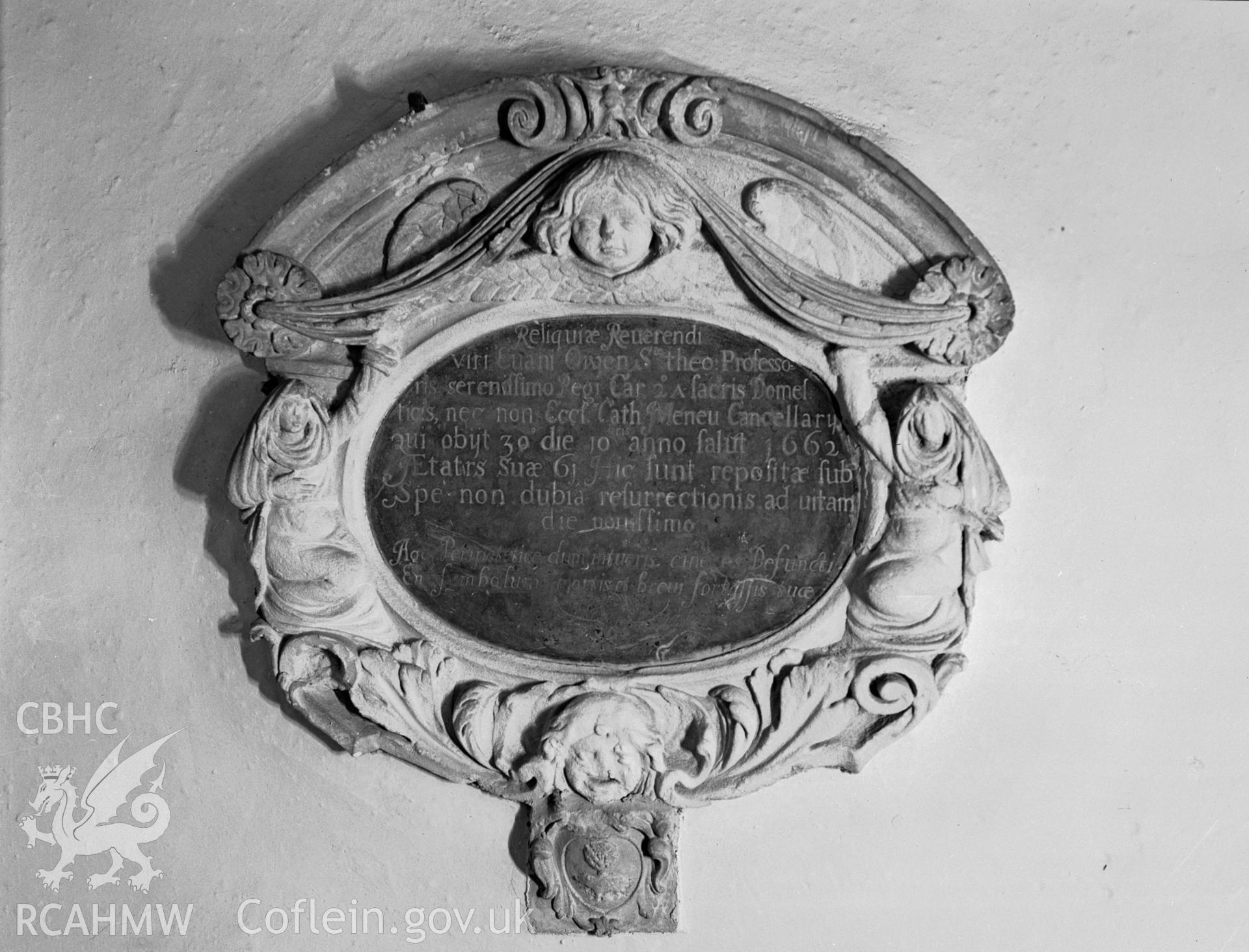 View of memorial to Evan Owen d.1662 at Llawhaden Church taken in 27.08.1941.