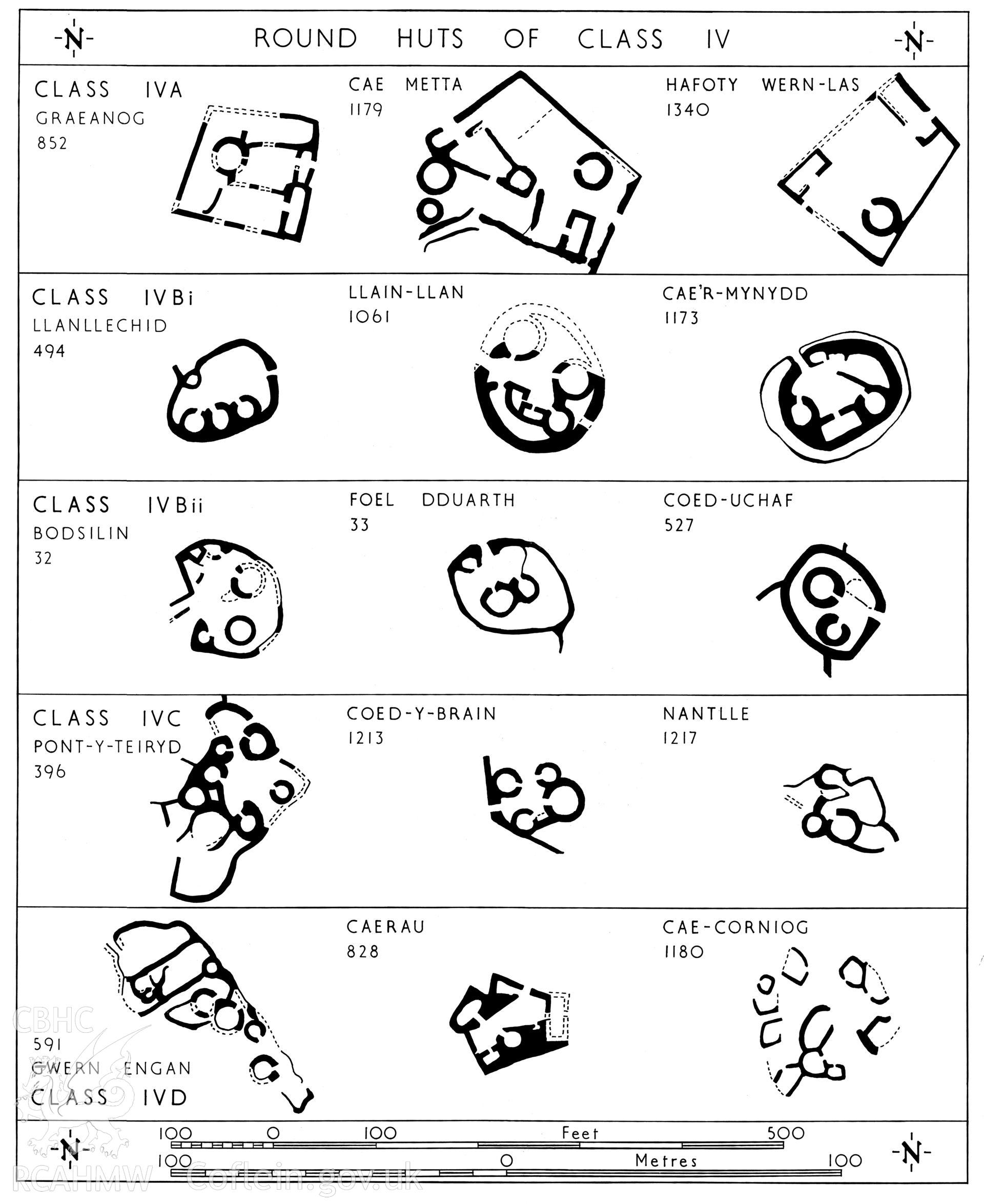 Mulit-site RCAHMW drawing (ink on linen) showing plans of Class IV round huts in Caernarfonshire,  published in Caerns Inventory, vol III, fig 21.
