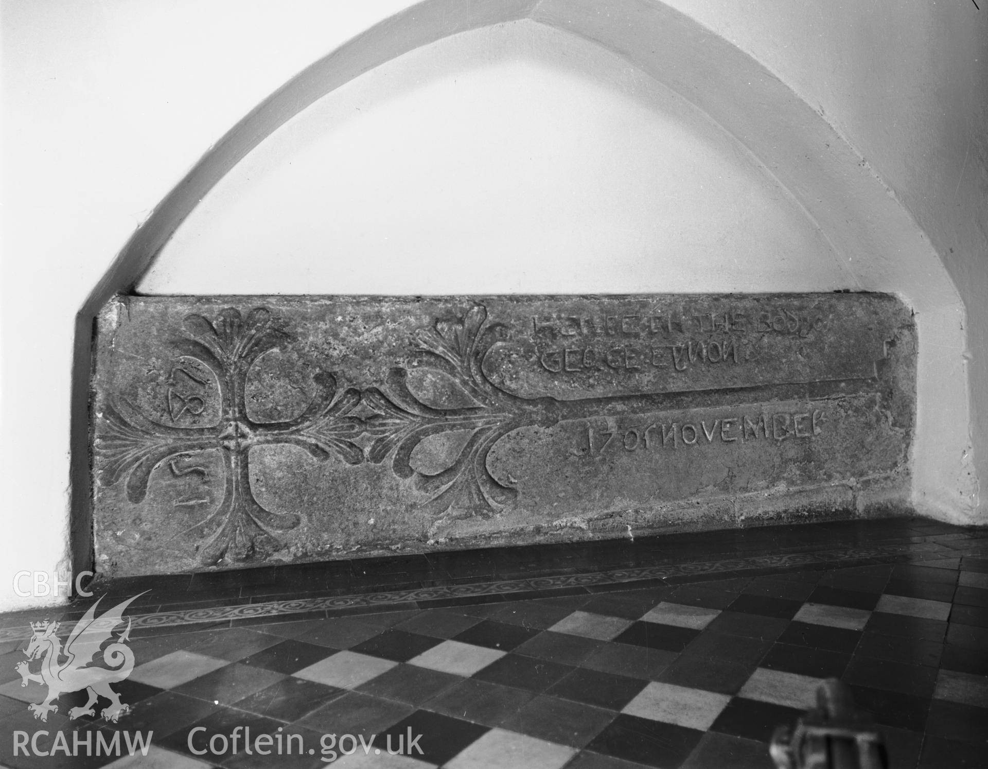 View of slab with cross in the north side of the chancel arch at St Martins Church, Haverfordwest taken in 09.08.1941.