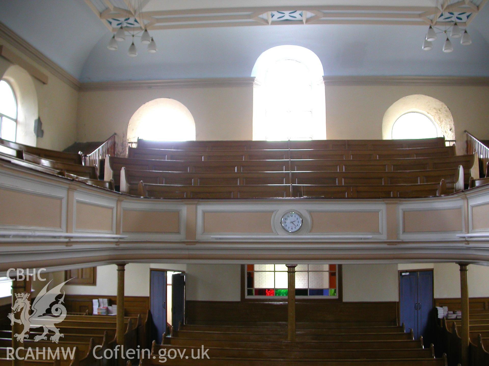 South-east corner of gallery and ceiling coving viewed from the pulpit.