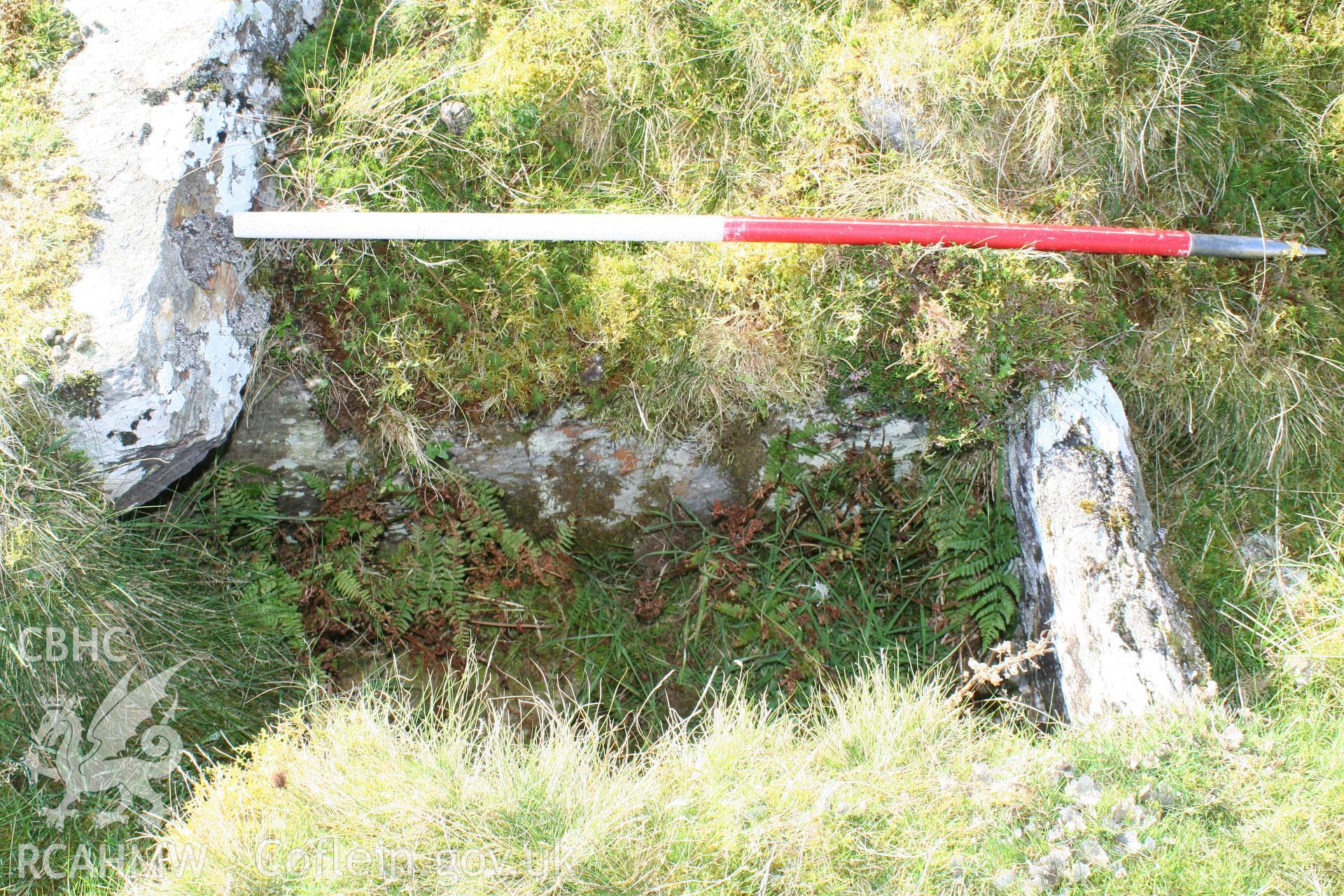 Stone cist within Bronze Age Cairn (Cairn B), NW of Afon Ystymiau, looking west