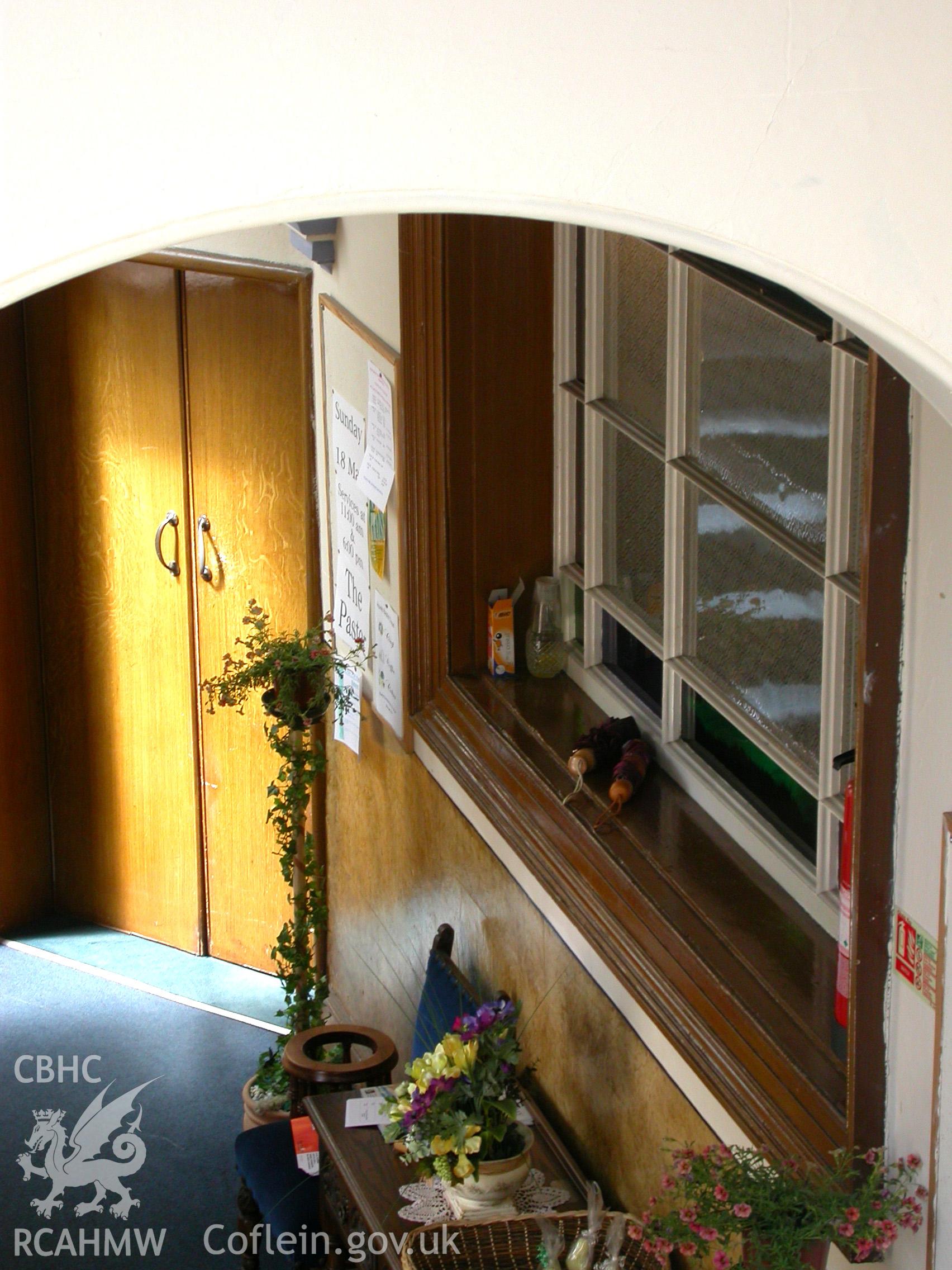 South-west entrance lobby, & lobby window, from SE gallery stairs.