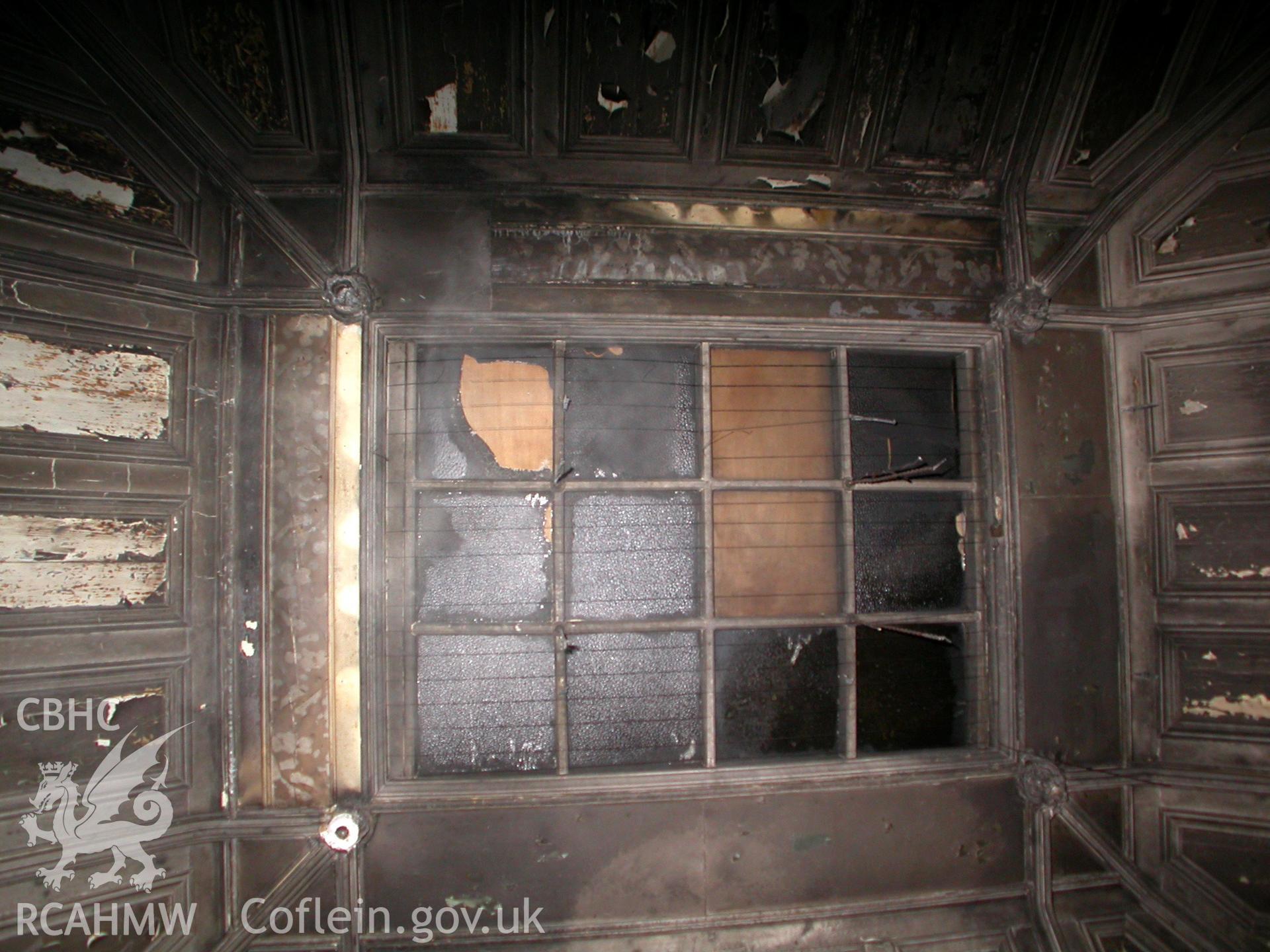 Ceiling structure of the first floor hall at Malpas Court, looking upwards.