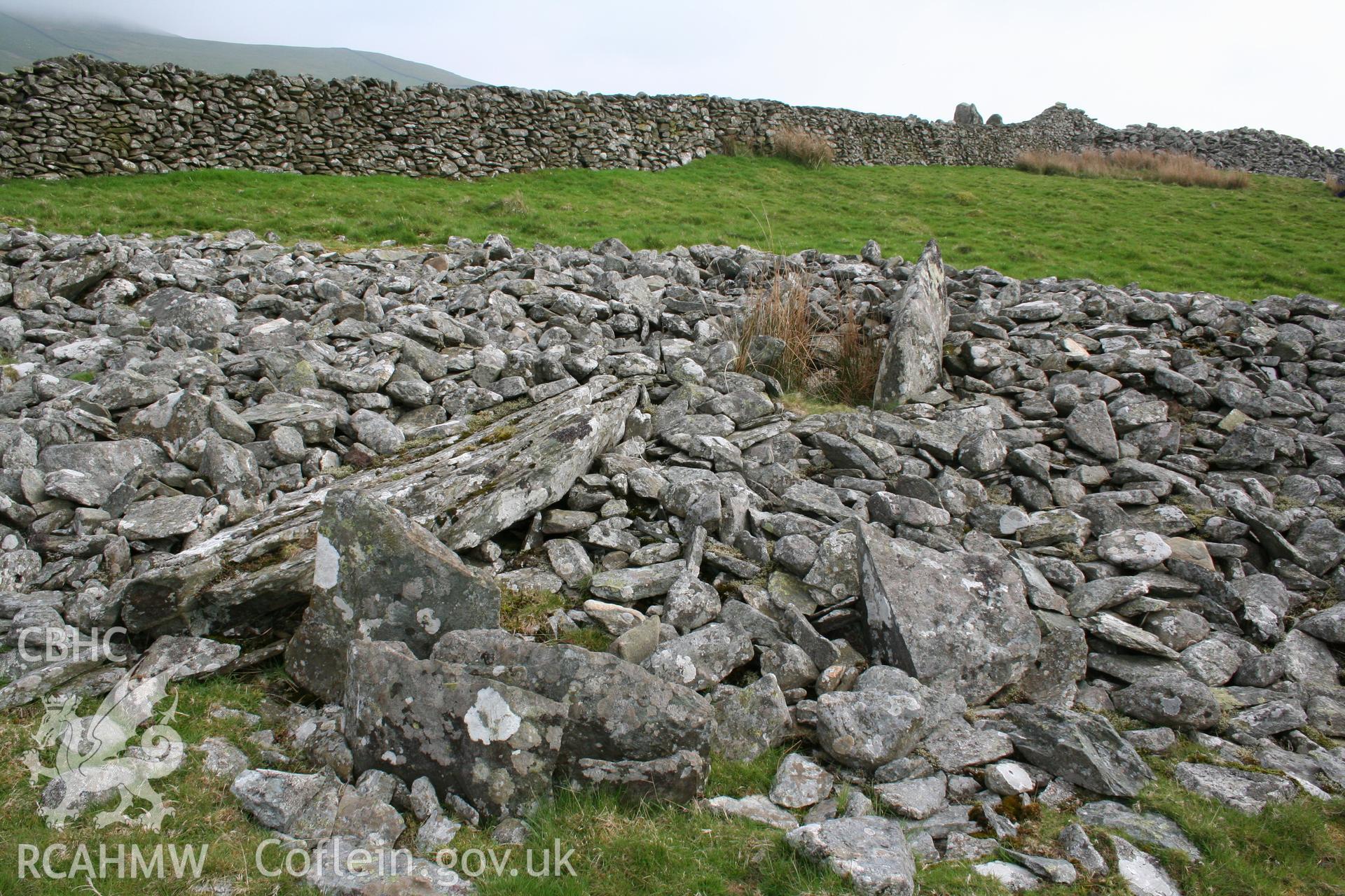 Detail of cairn structure showing possible uprights of cist/chambers.