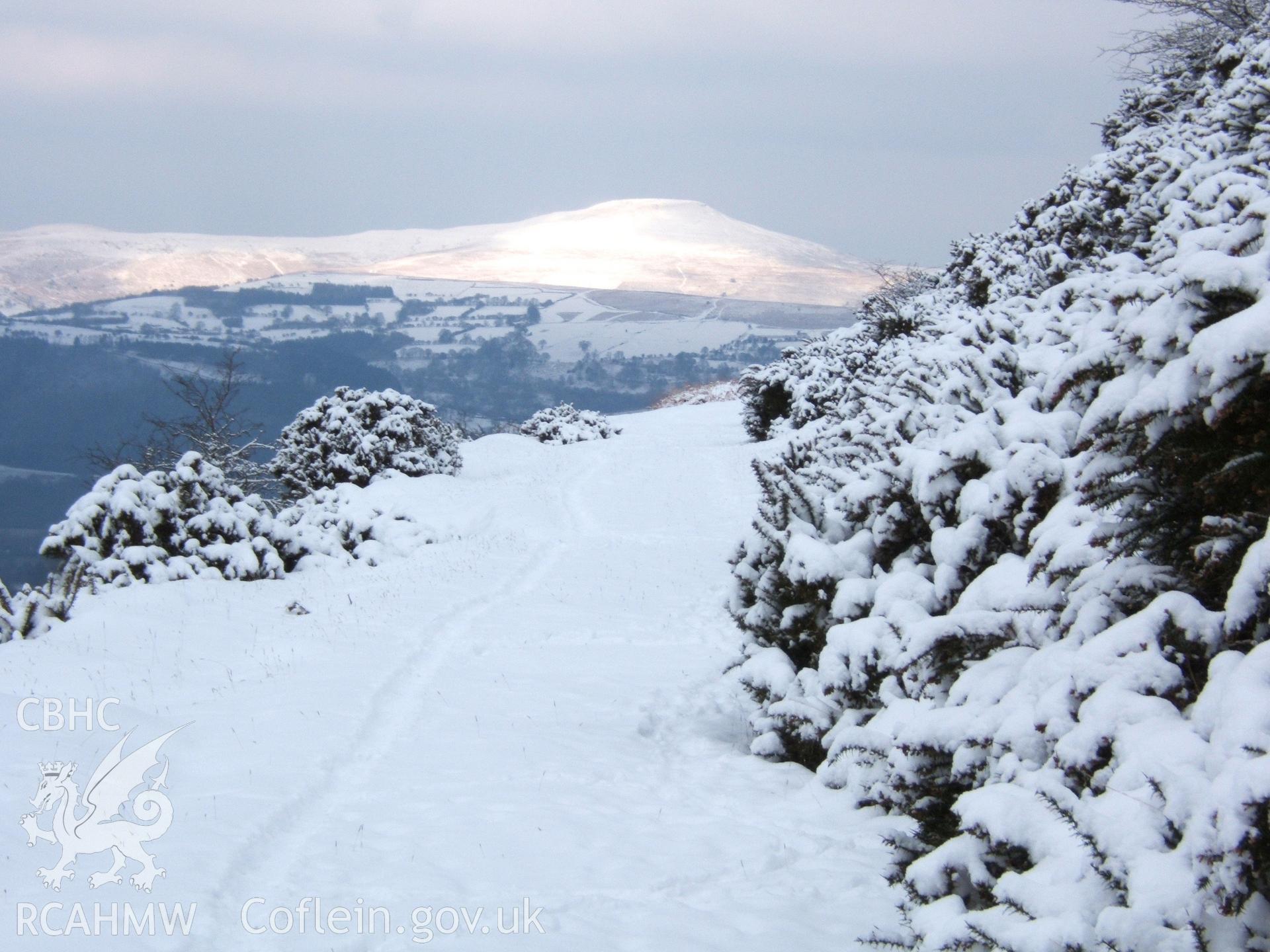 Tramroad mountain terrace 300m N of Cwm Llanwenarth looking N to Skerrid Fawr in snow.