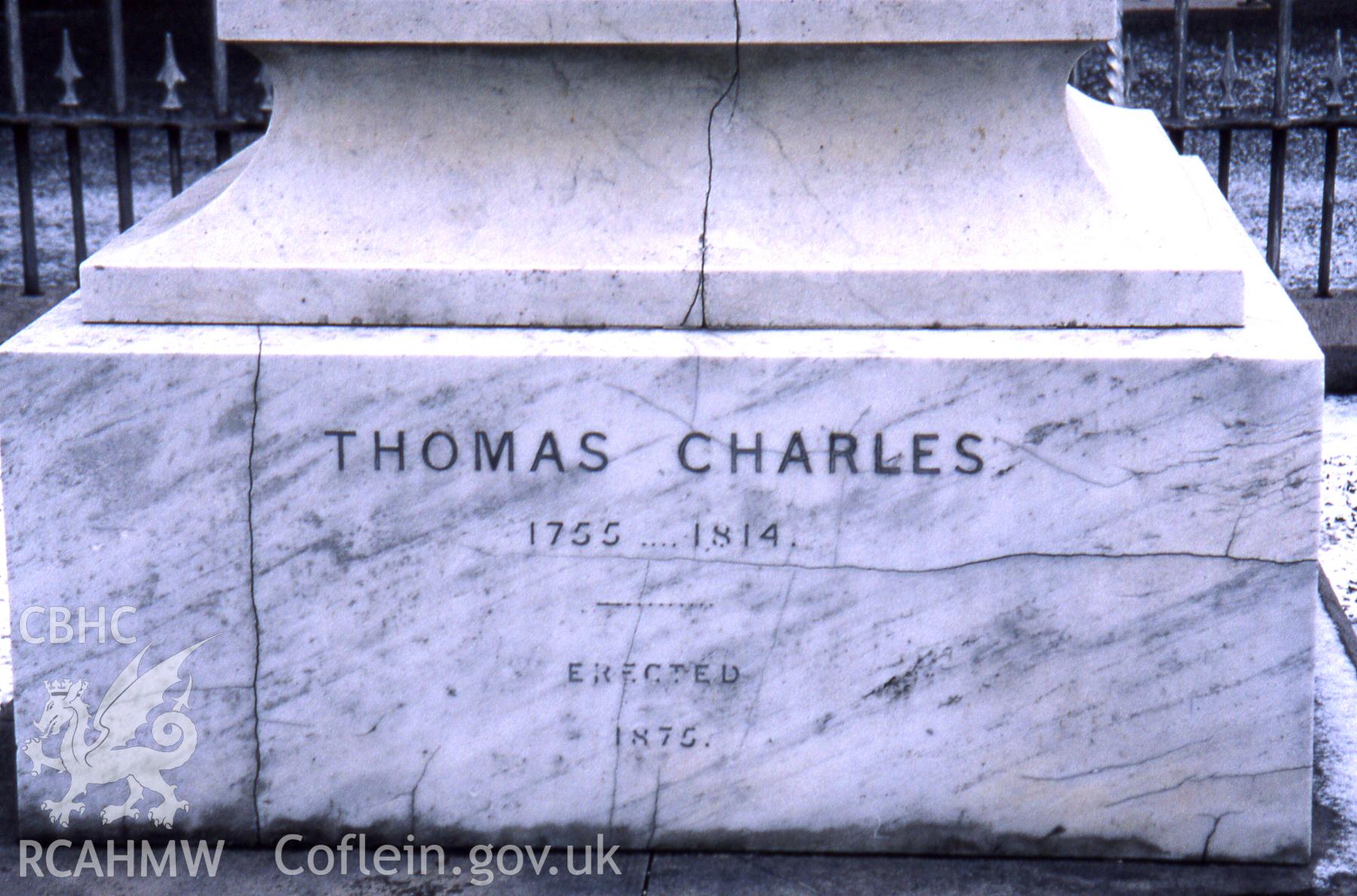 Exterior, inscription on statue to fore of chapel.