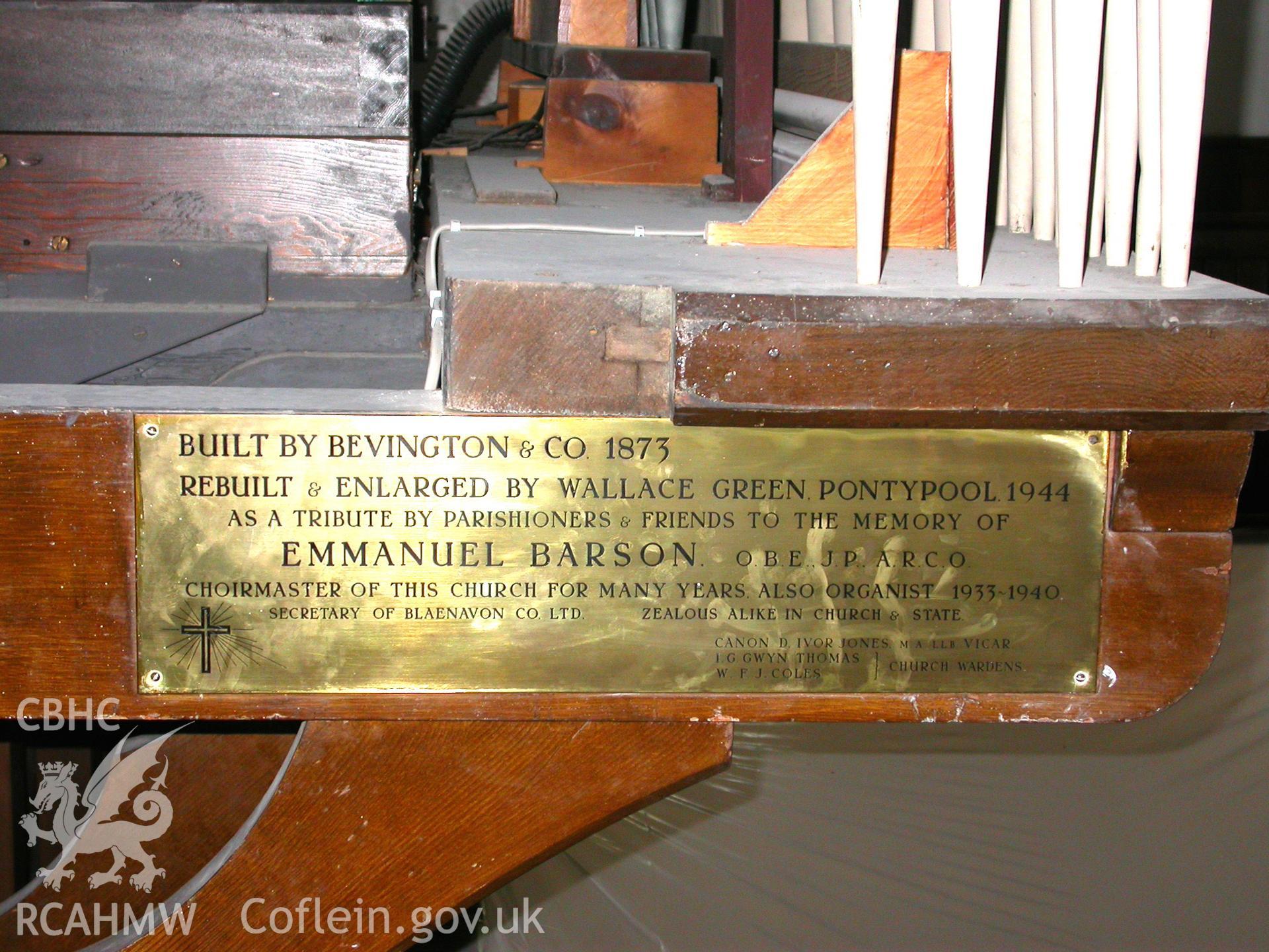 Organ date plaque, 1873 building & 1844 rebuilding to commemorate choirmaster who was also Blaenavon Co. secretary.