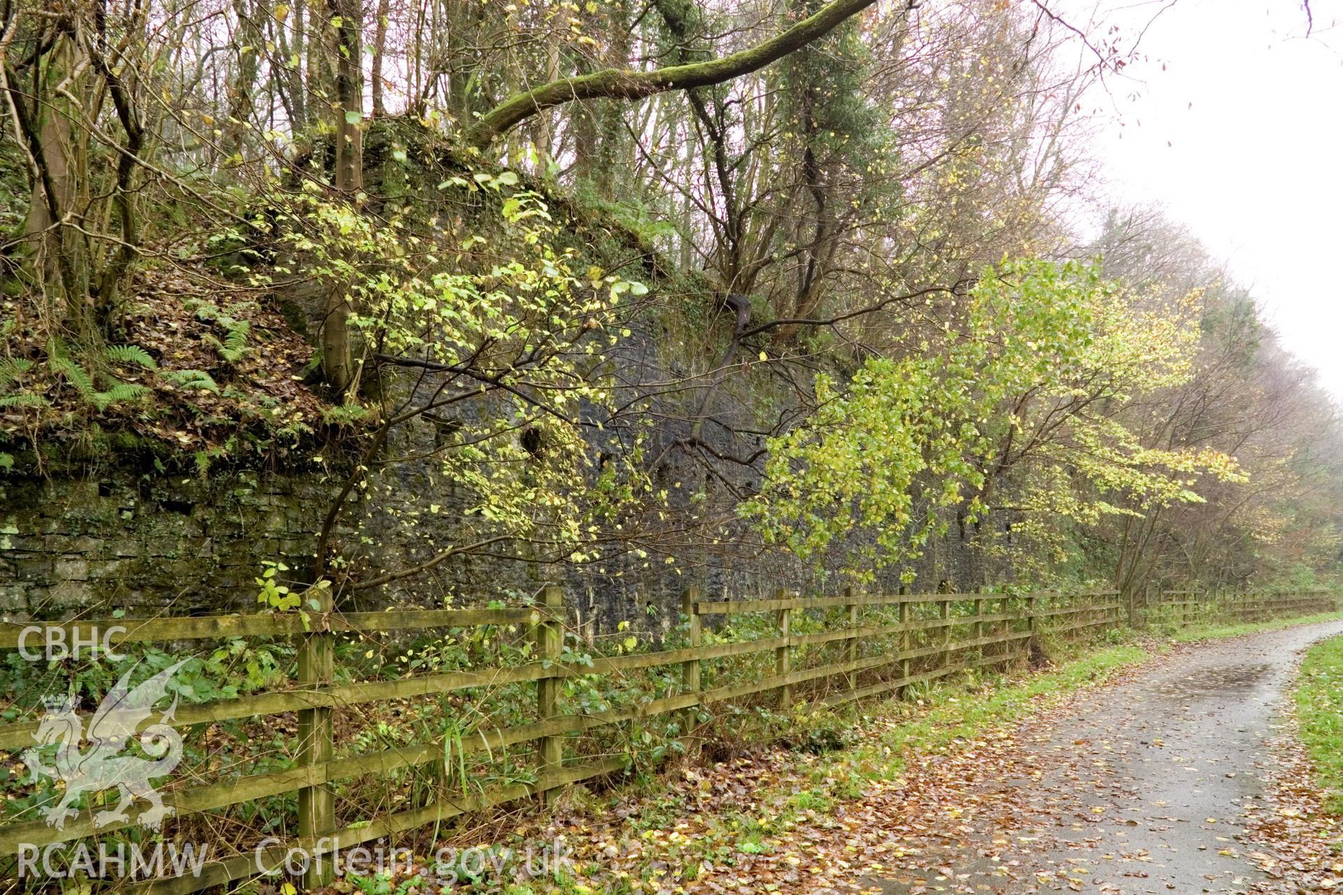 Oblique view of colliery retaining wall from northeast.