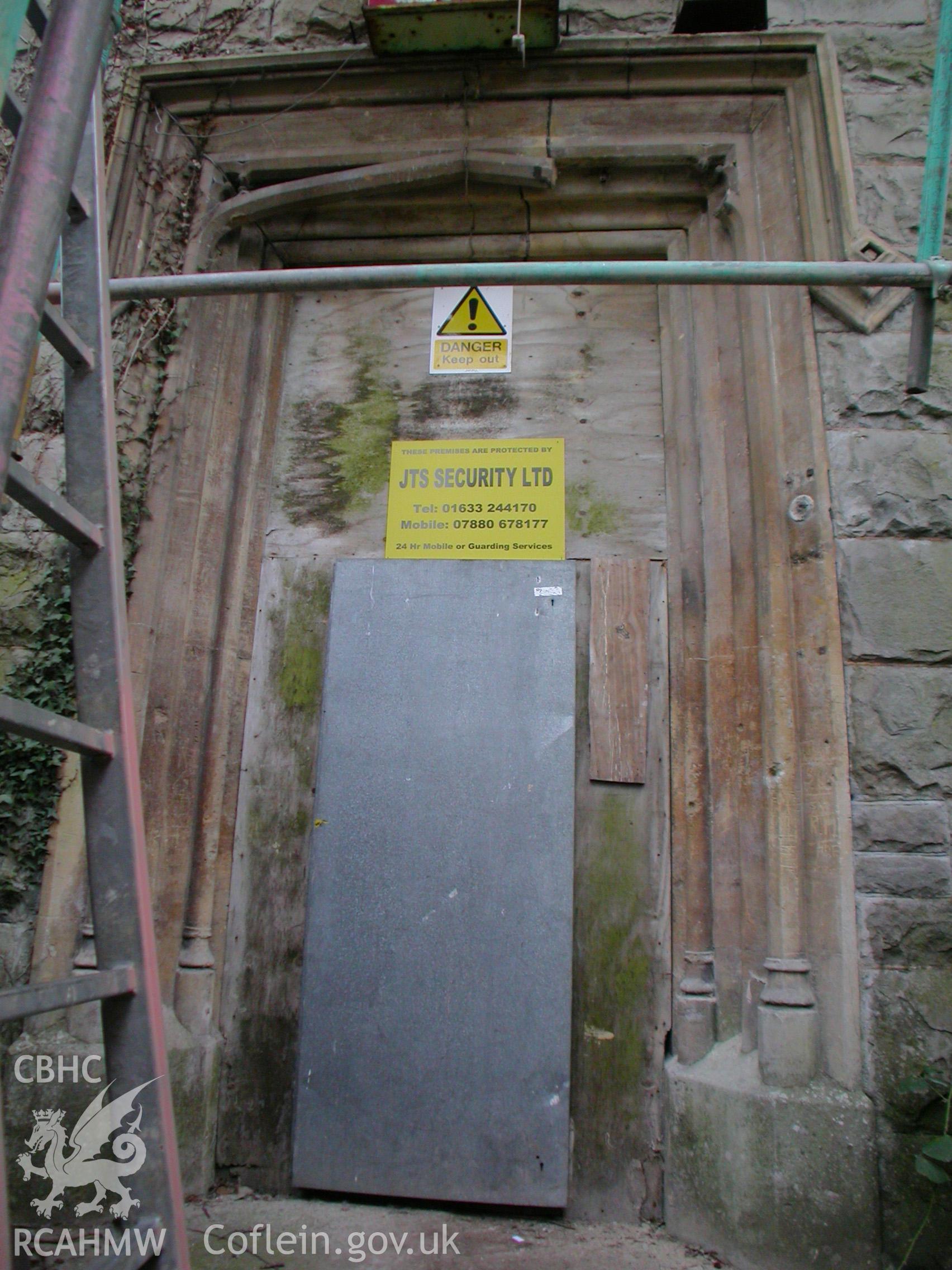 Malpas Court, main door in the front (north-east) elevation looking south-west.