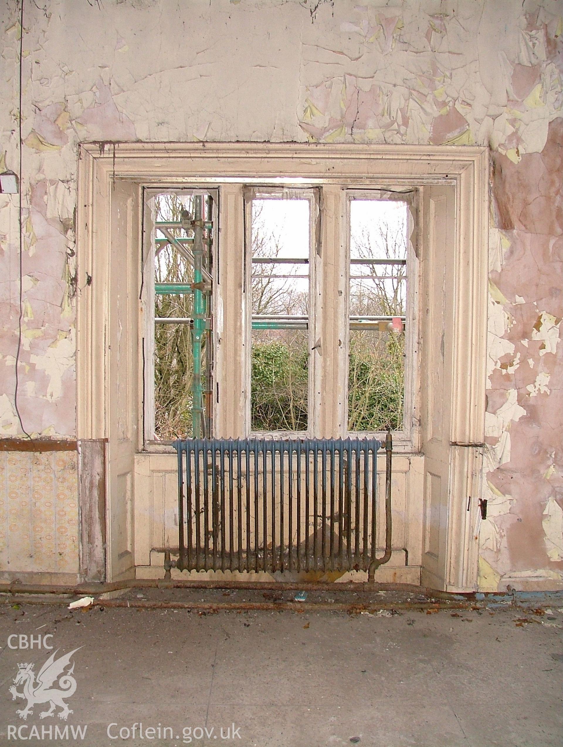 Detail of window in the large first floor room to the south-east of the first floor hall at Malpas Court, looking south-east.