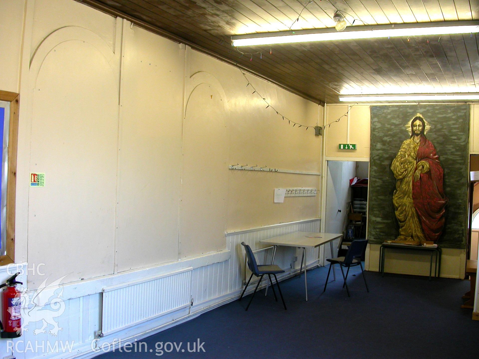 NE outer wall of original 1860s chapel showing blocked Venetian window in upper Sunday School.