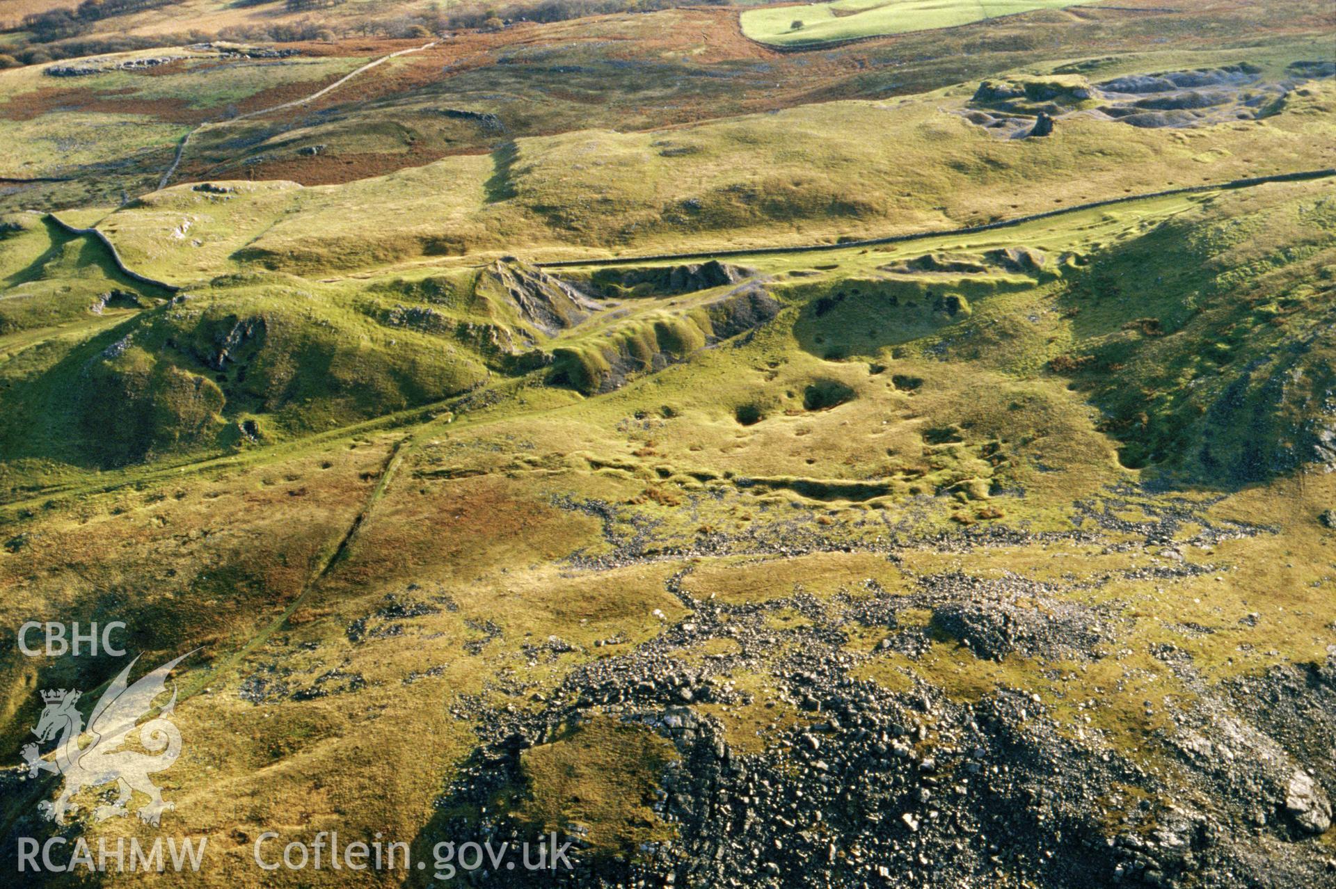 RCAHMW colour slide oblique aerial photograph of Cribarth Quarries, Tawe-uchaf, taken by CR Musson on 24/11/88