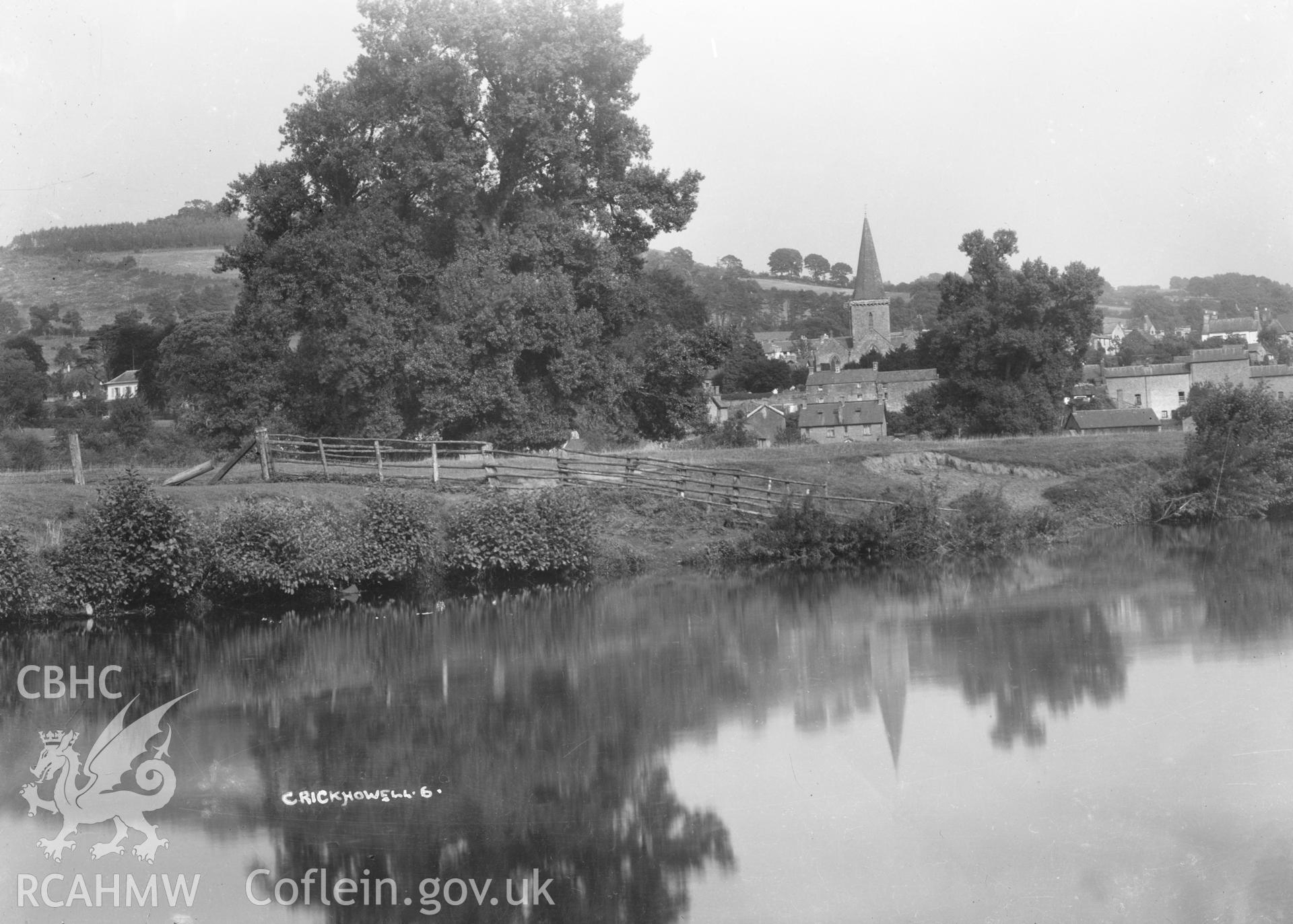 View of Crickhowell Church from the river,  taken by W A Call circa 1920.