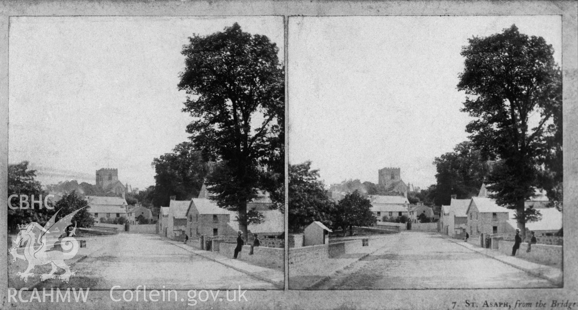 Black and white photograph of the town of St Asaph, copied from an original 19th C. stereoscopic picture in the possession of Thomas Lloyd. Negative held.