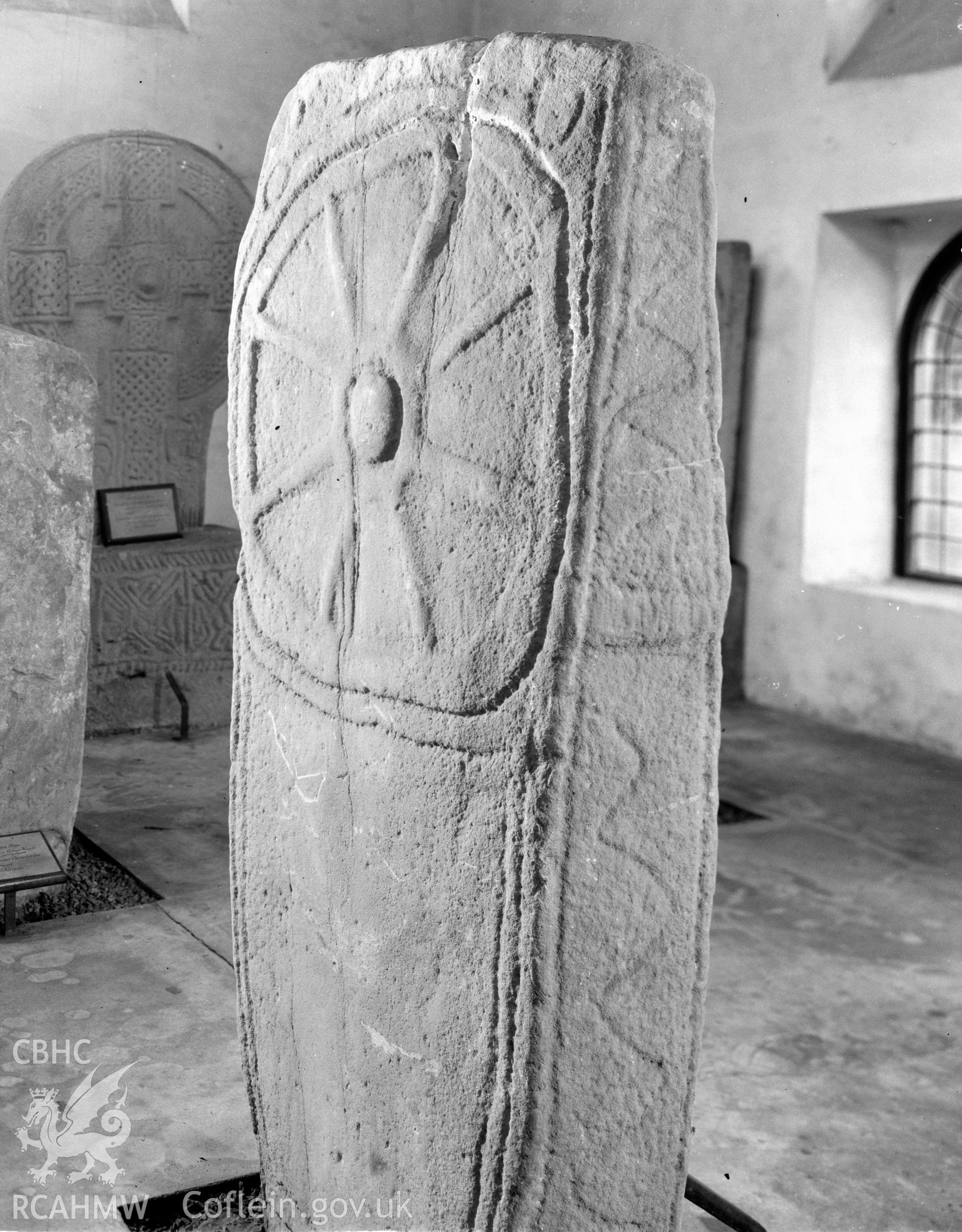 View of inscribed stone cross at Court Dafydd, Port Talbot, taken 18.11.65 .