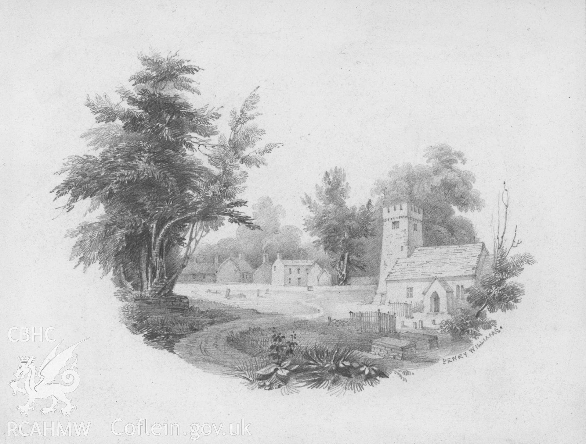 Digital copy of an original pencil drawing by Penry Williams, showing the church at Ystradfellte, loaned for copying by Thomas Lloyd.