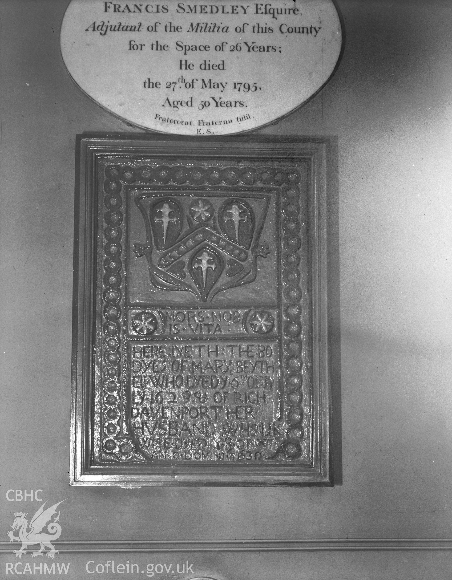 Interior view of Holywell Church showing heraldic shield, taken 13.05.1942.