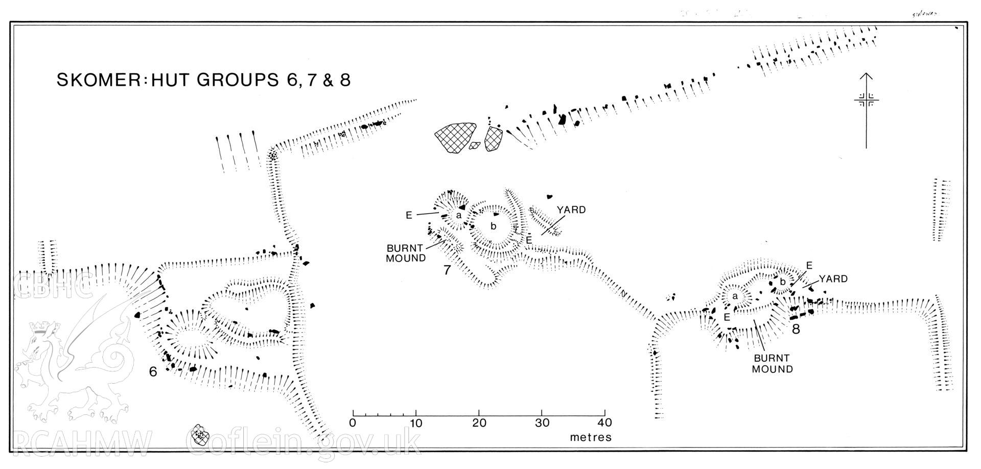 Skomer: Hut Groups 6, 7 and 8. Publication survey plan drawn at 1:200 scale - reproduced as Figure 6 in Evans, J.G. 1990 "An archaeological survey of Skomer, Dyfed" Proc. Pre. Soc. 56, 247-267.