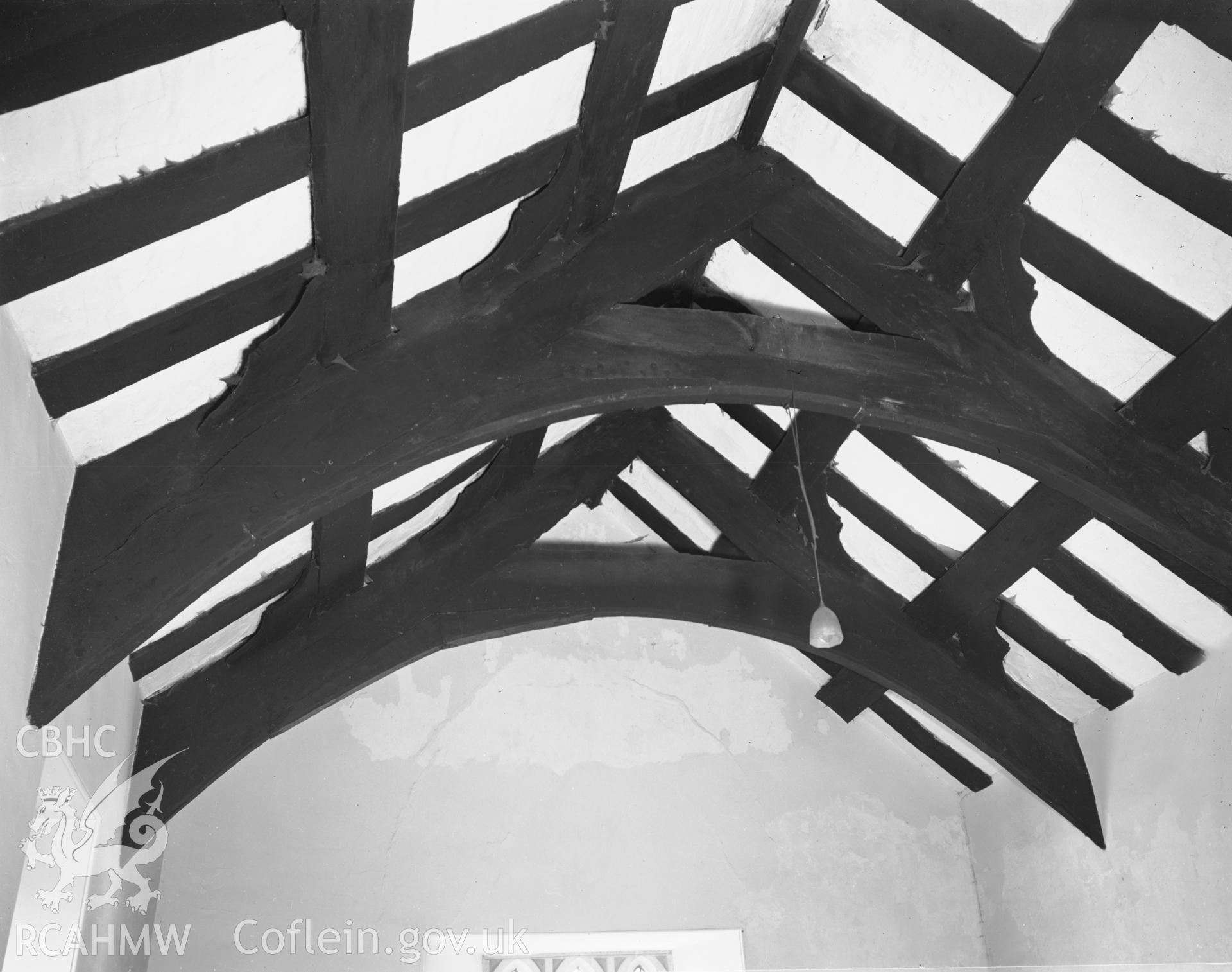 Interior view of roof at St Peters Church, Llanbedr y Cennin, taken 08.05.48.