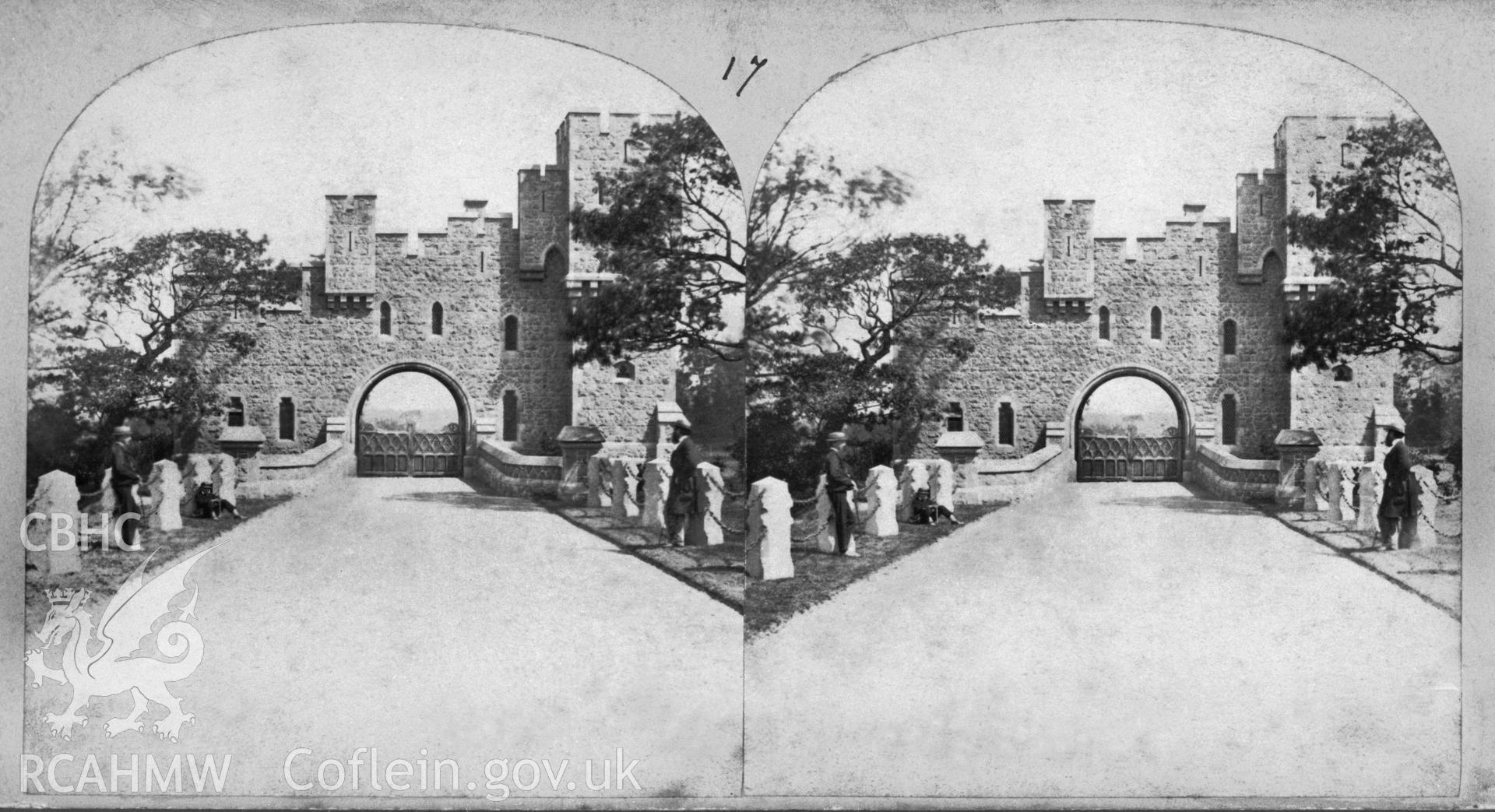 Black and white photograph of the entrance gate to Bryn-y-Neuadd, Llanfairfechan, copied from an original stereoscopic print in the possession of Thomas Lloyd. Negative held..