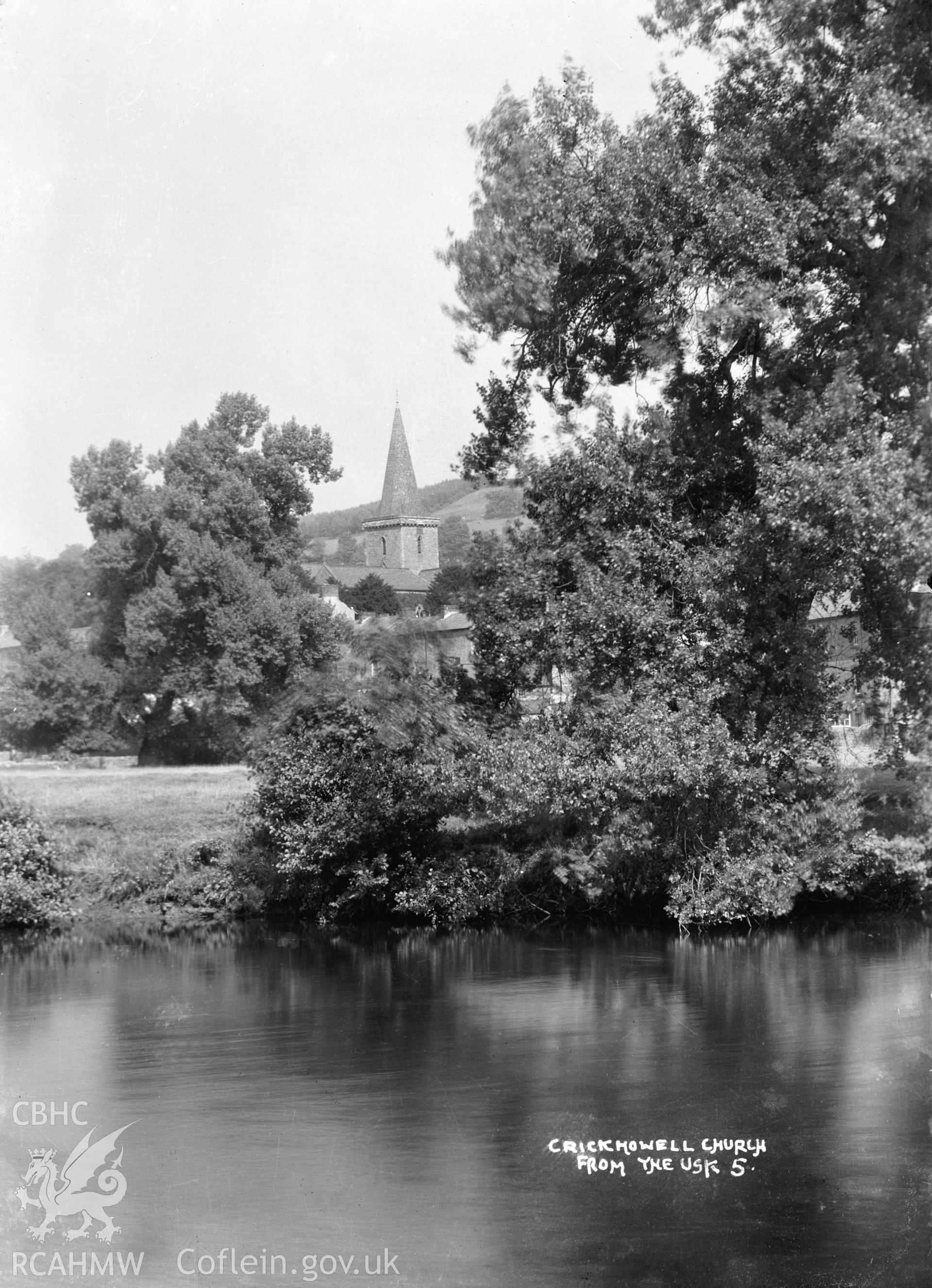 Exterior view of Crickhowell Church from the Usk,  taken by W A Call circa 1920.