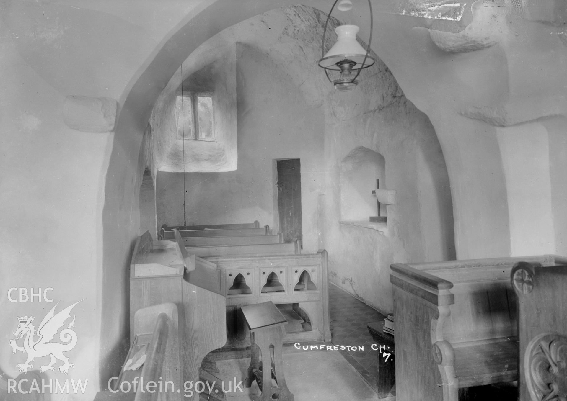 Interior view of Gumfreston Church, Pembs W A Call, taken 1931.