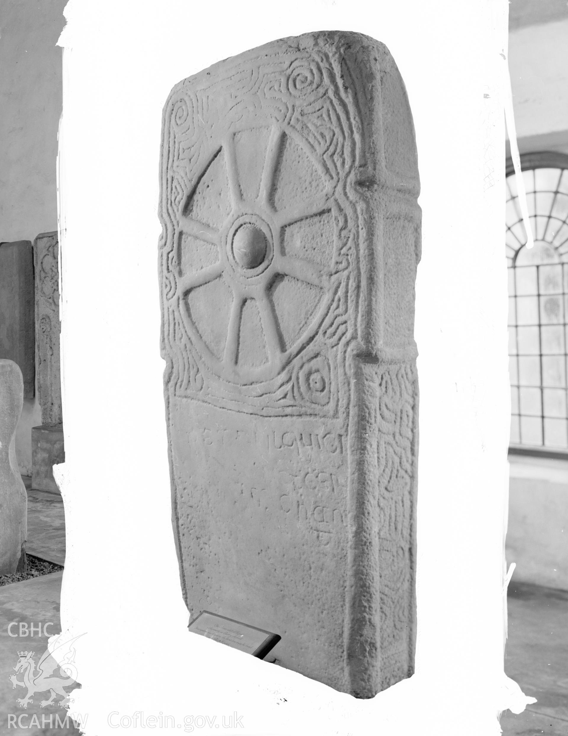 View of inscribed stone cross at Court Dafydd, Port Talbot, taken 18.11.65 .