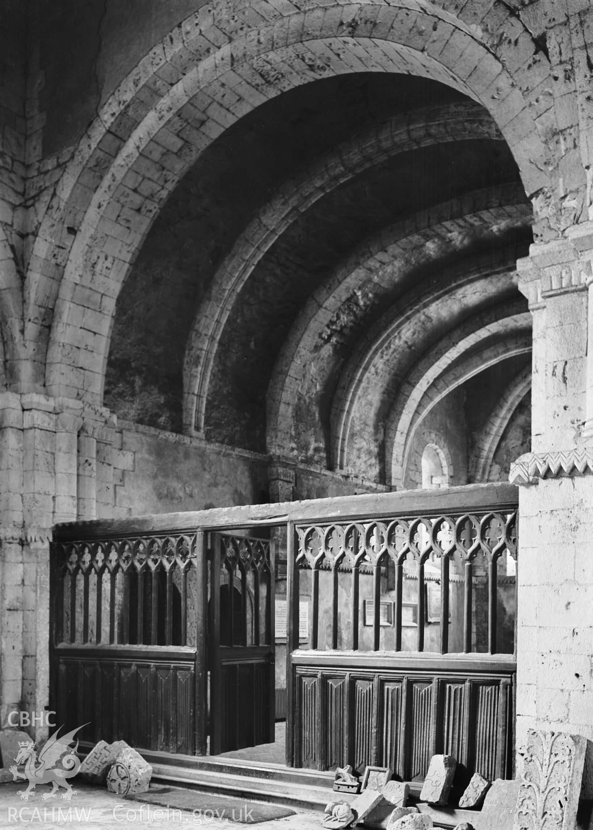 Interior view, showing rood screen and transept.