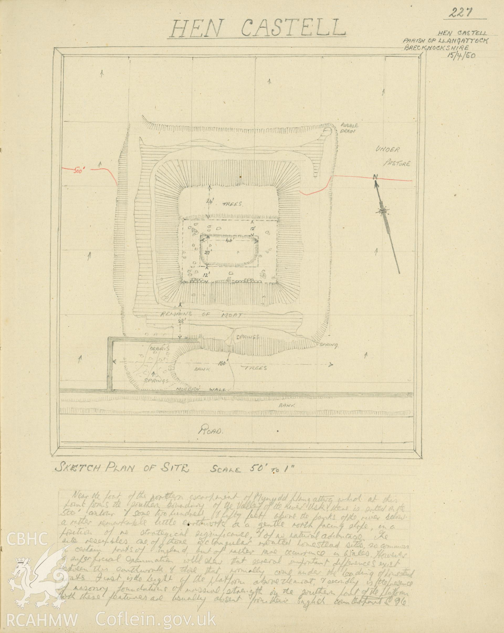 Sketch plan of Hen Castell, with notes, produced by R.E. Kay, 1950.