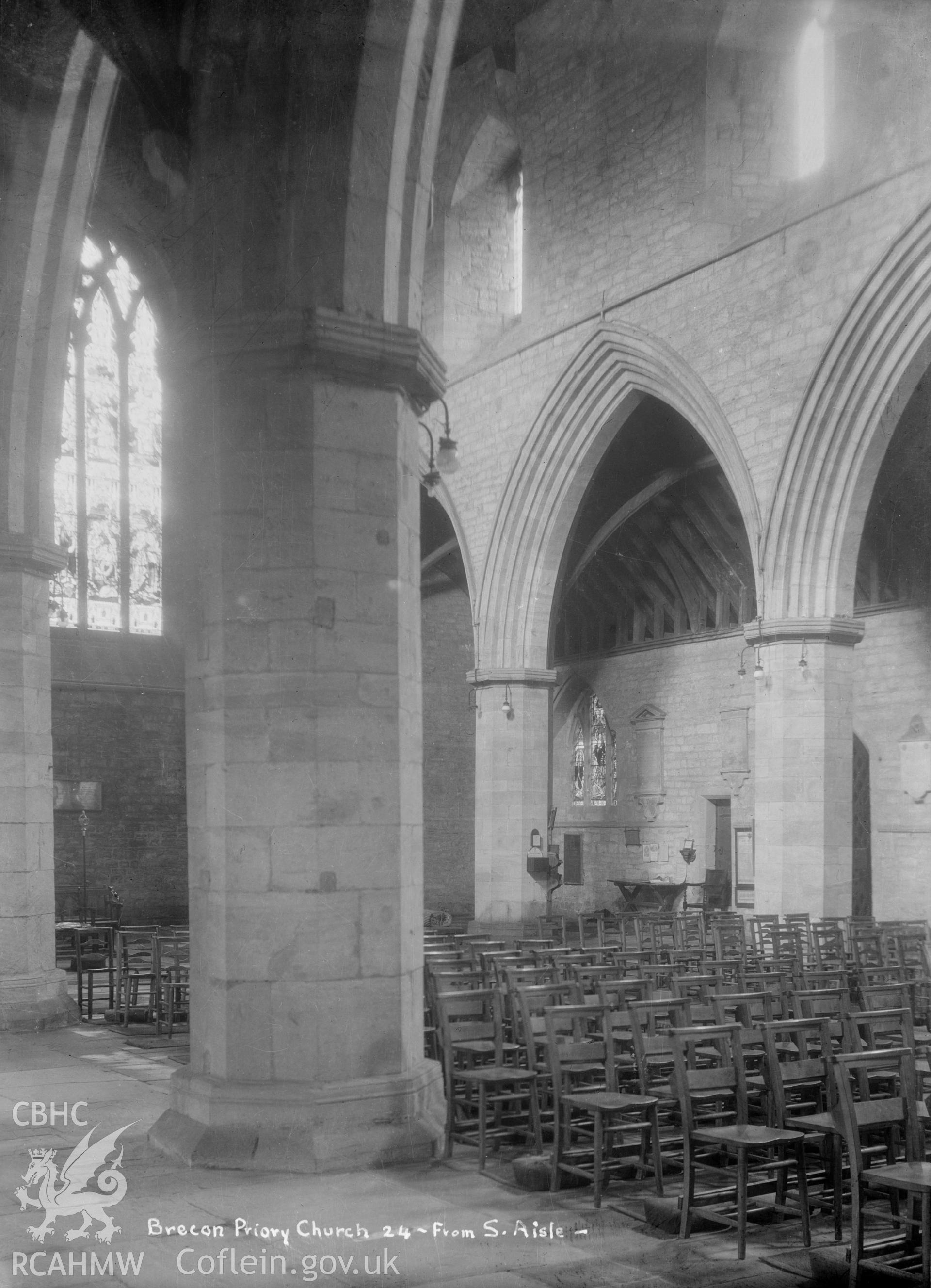 Interior view of Brecon Priory Church from the south aisle, taken by W A Call circa 1920.