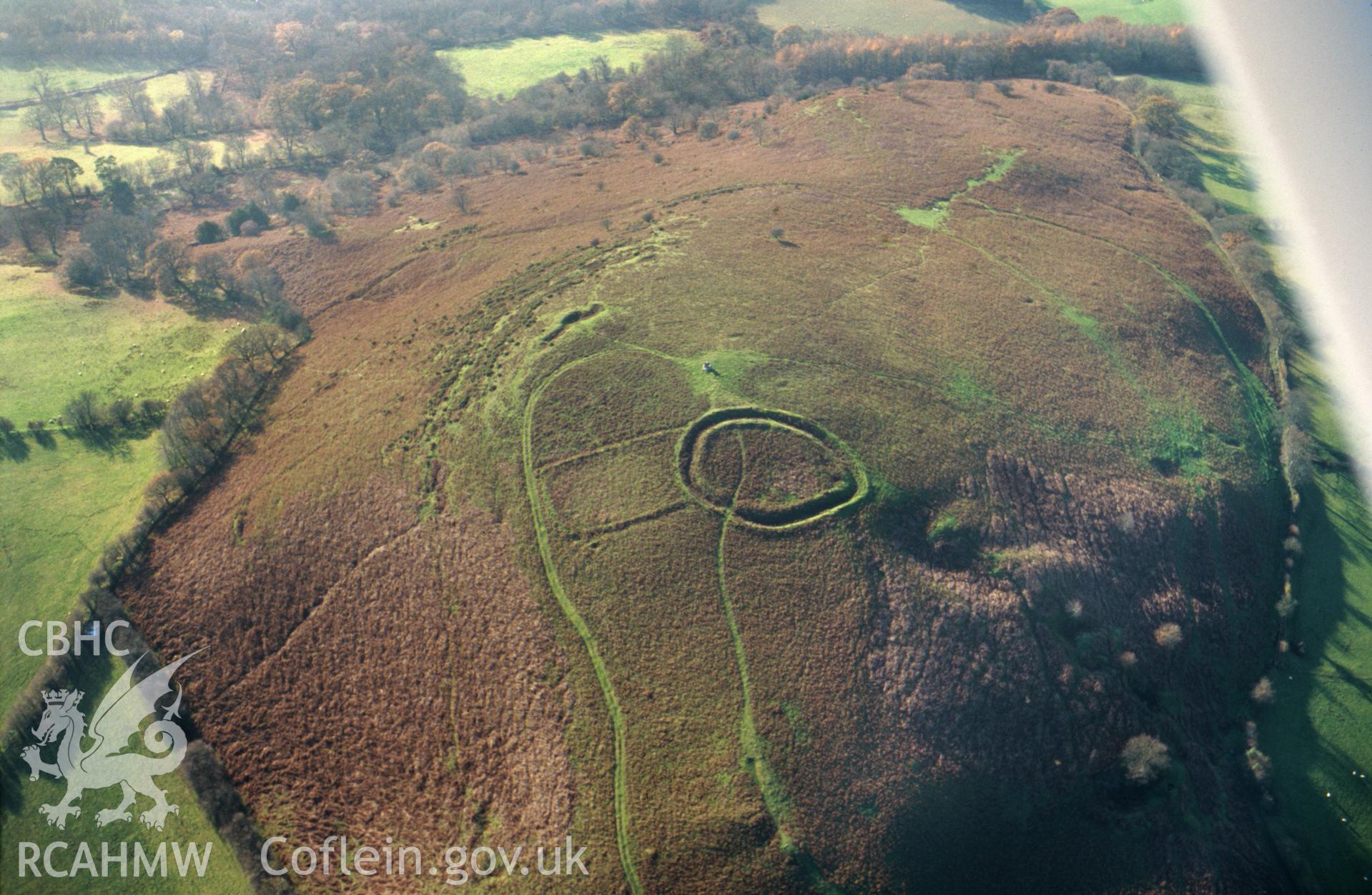 Aerial view of Twyn y Garth defended enclosure. Taken by Toby Driver 2004.