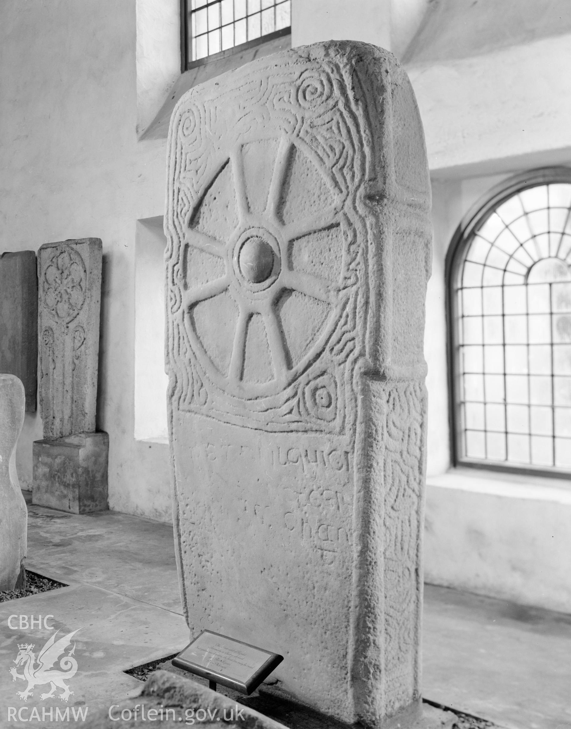 View of inscribed stone cross at Court Dafydd, Port Talbot, taken 18.11.65 .