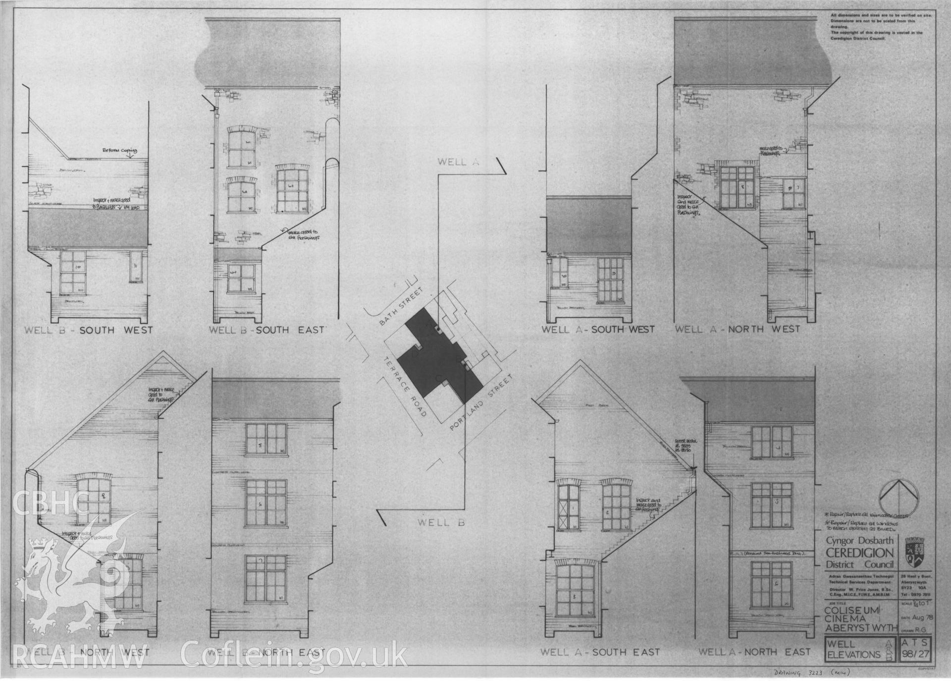 Copy of a non RCAHMW drawing showing elevations of Coliseum Cinema, Aberystwyth, received in the course of threatened buildings case ref no M/DES/B/CD/79/01