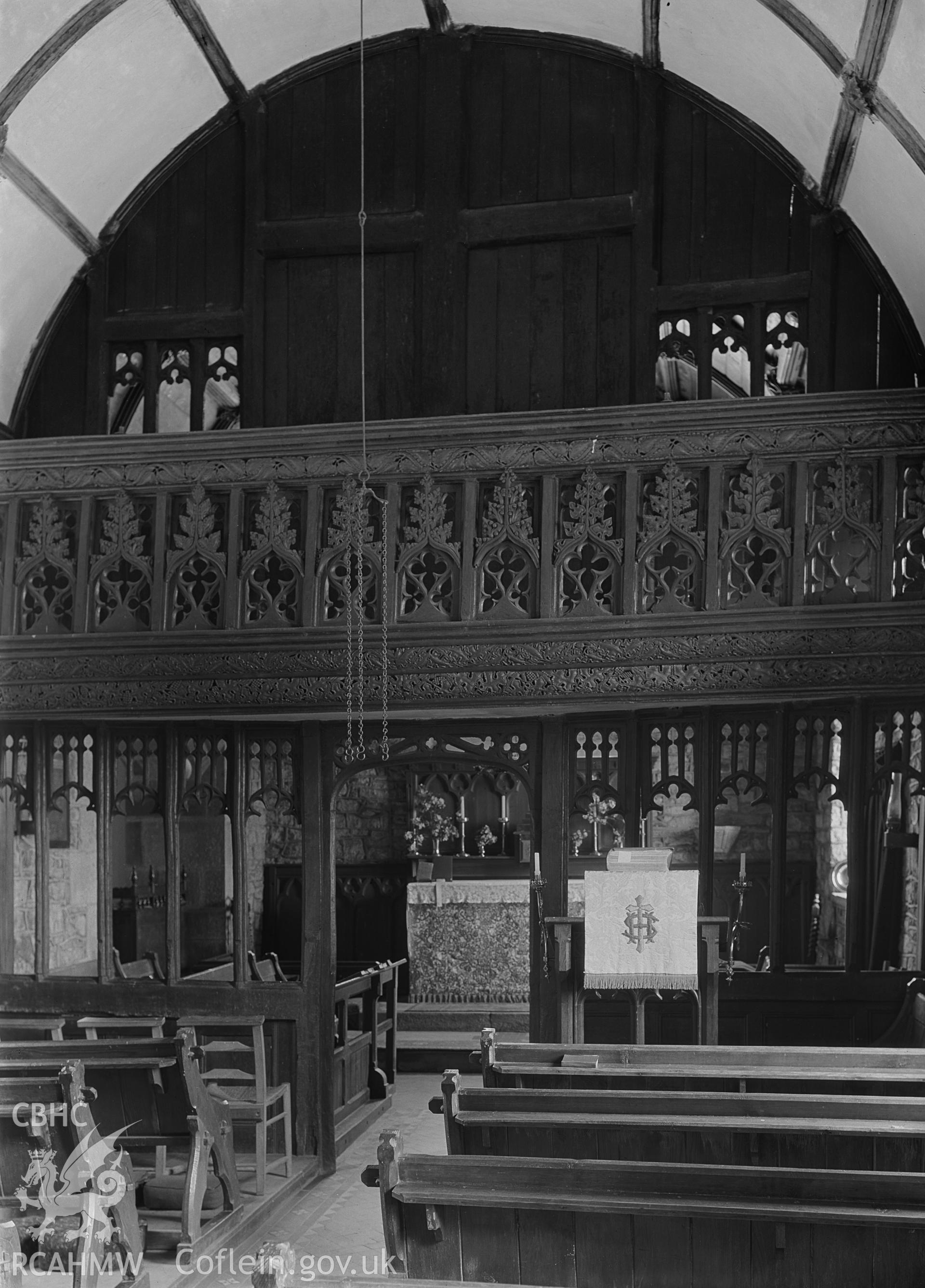 Interior view of Bettws Newydd Church showing rood screen.