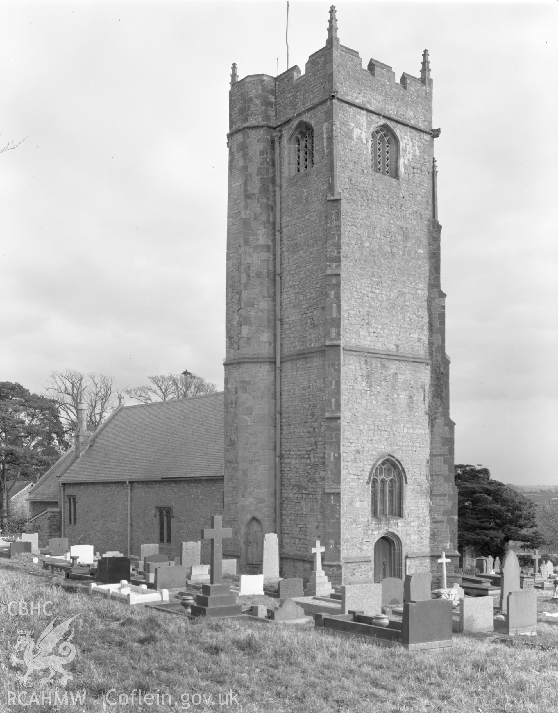 Exterior view of the tower of St Blethian's Church, Llanblethian taken 25.03.65