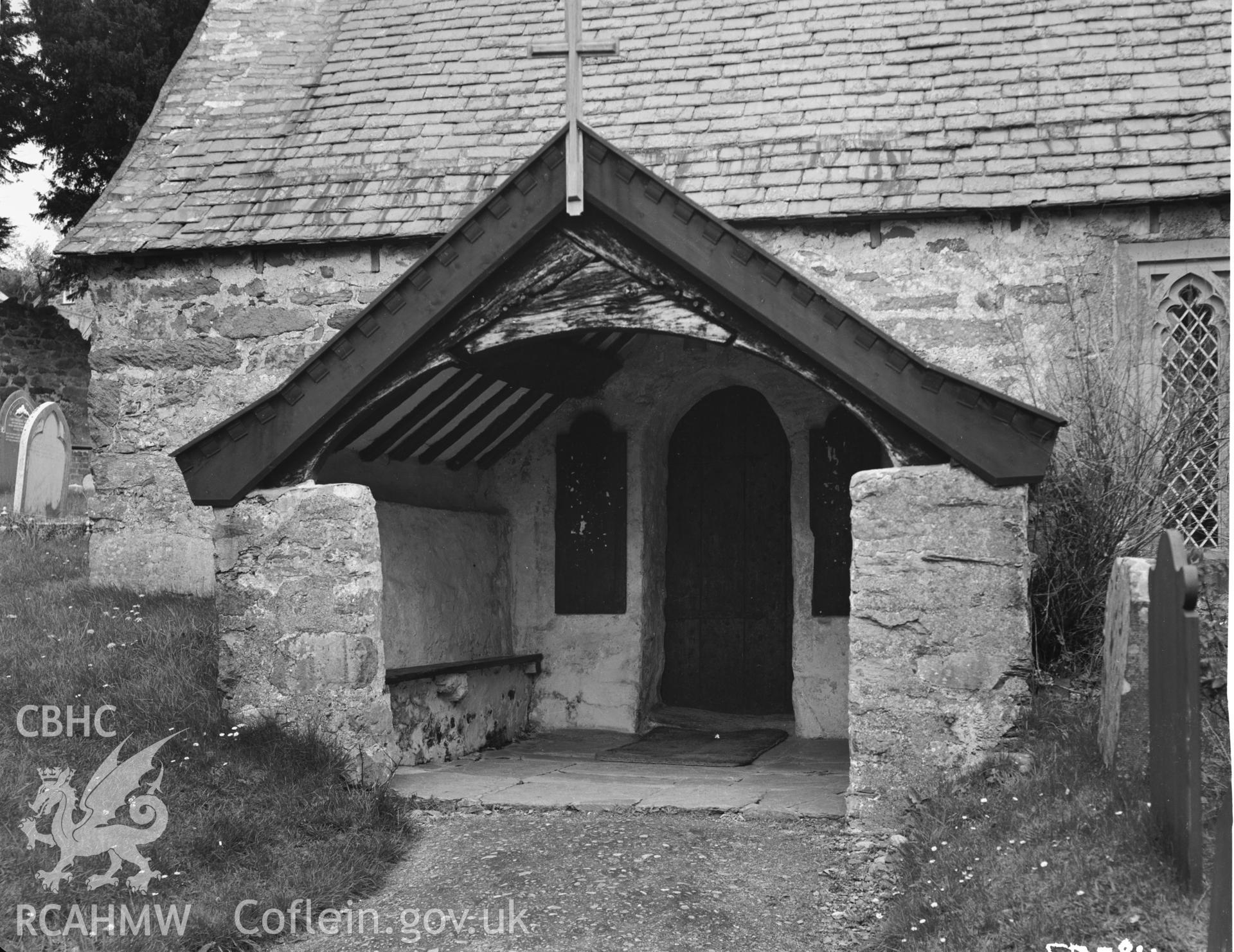 Exterior view of porch at St Peters Church, Llanbedr y Cennin, taken 08.05.48.