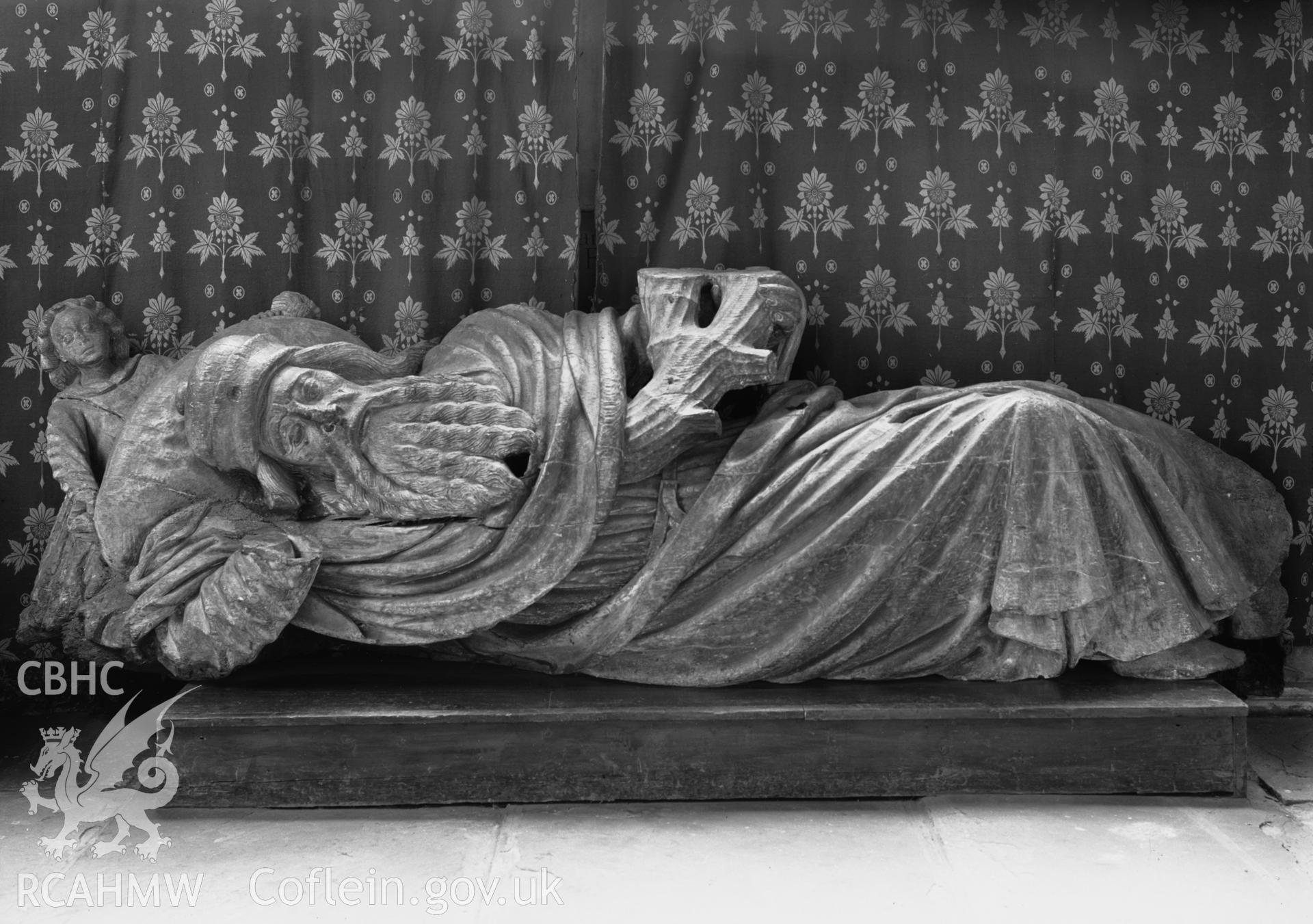 View showing the Jesse figure at St Mary's  Priory, Abergavenny.