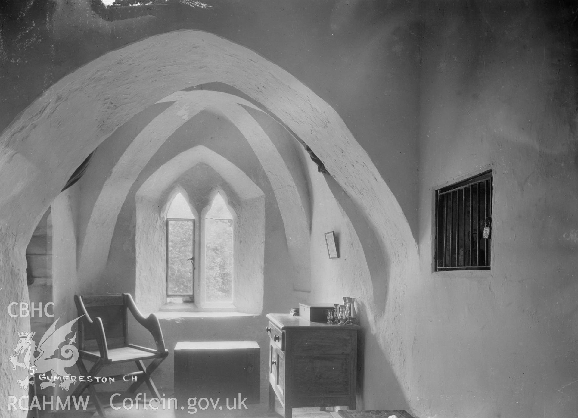 Interior view of Gumfreston Church, Pembs W A Call, taken 1931.