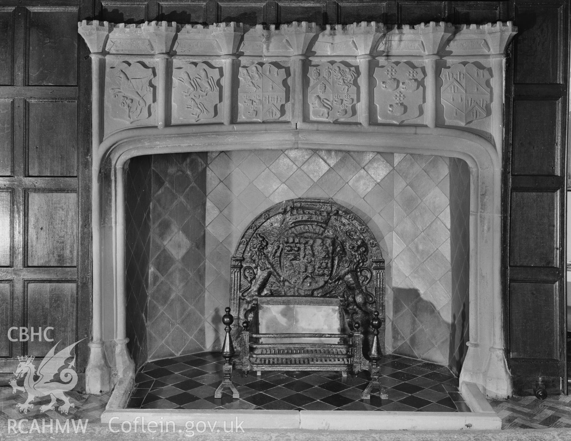 Interior view showing fireplace.