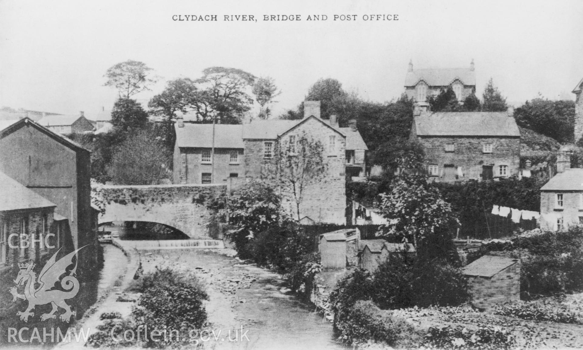 Copy of an undated postcard showing Clydach River, Bridge and Post Office.