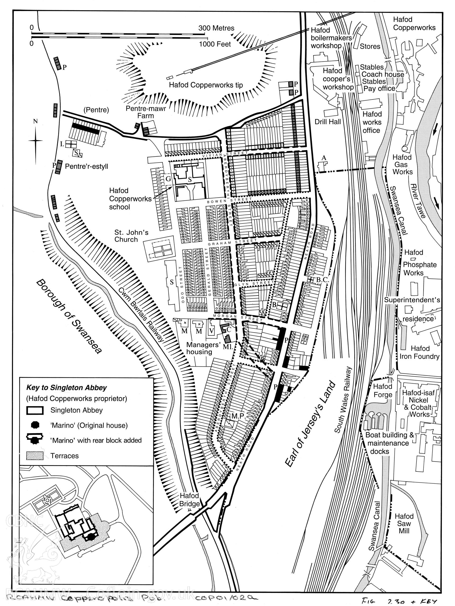 Pen and ink plan drawing of Trevivian Town, Swansea.