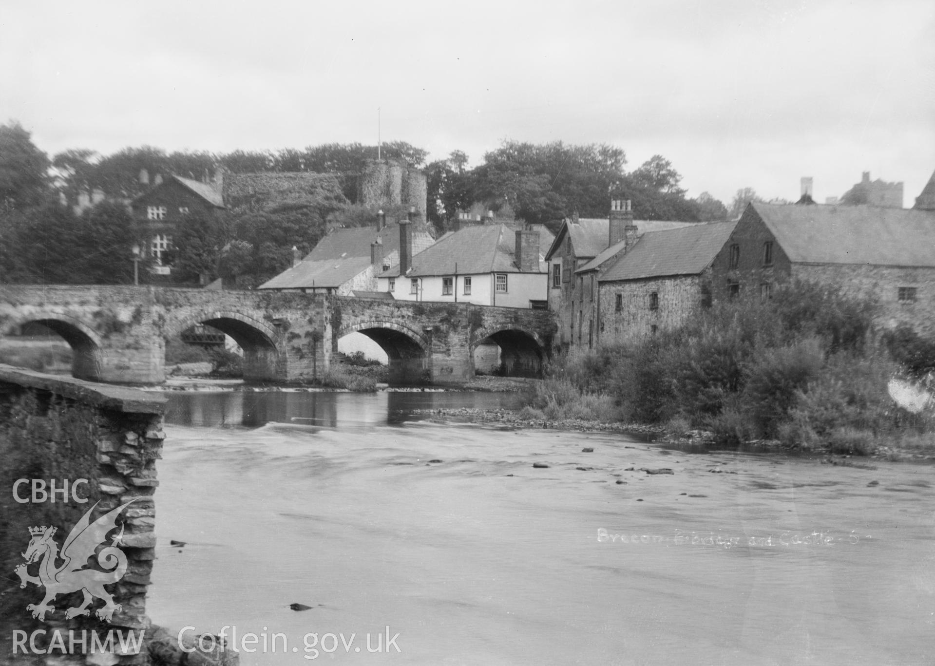 View of Brecon bridge and Castle  taken by W A Call circa 1920.