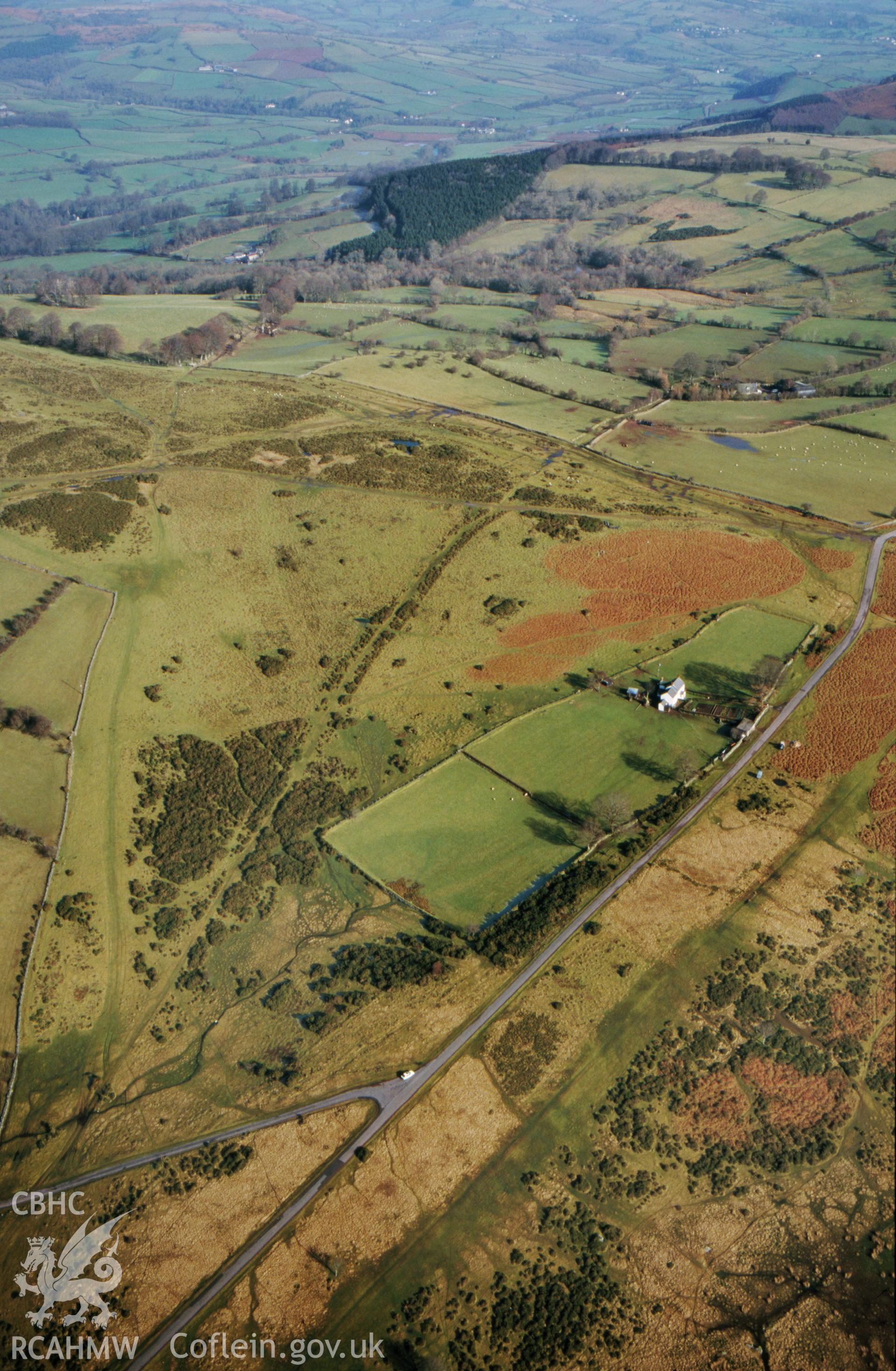 Aerial view of Roman Road in Mynydd Illtud passing through Blaenwrthyd.